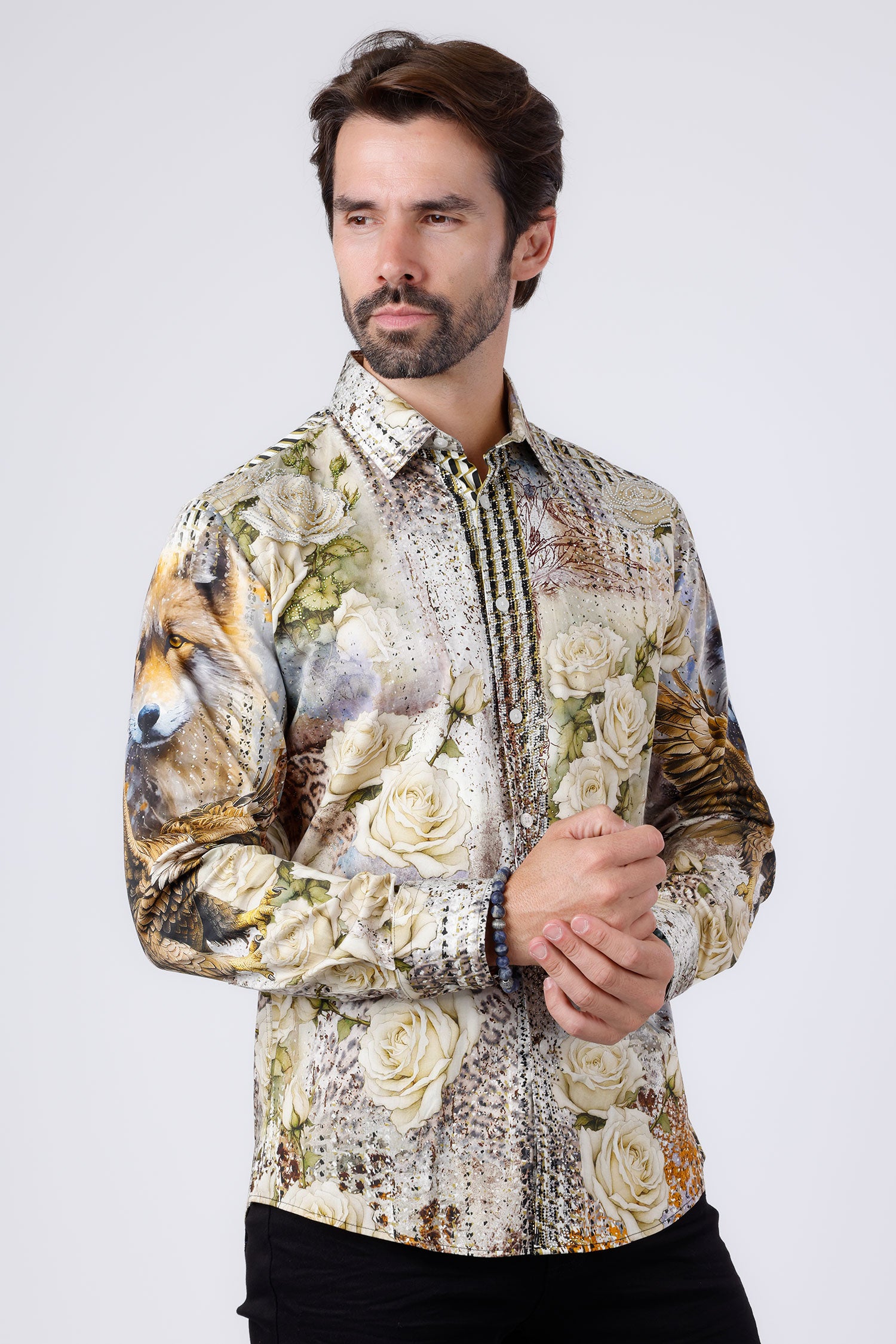 Barabas Men's Rhinestone Floral Wolf Long Sleeve Shirts 4SPR04 Beige