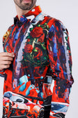 BARABAS Men's Rhinestone Floral Lion Long Sleeve Shirts 4SPR05 #Color_Red