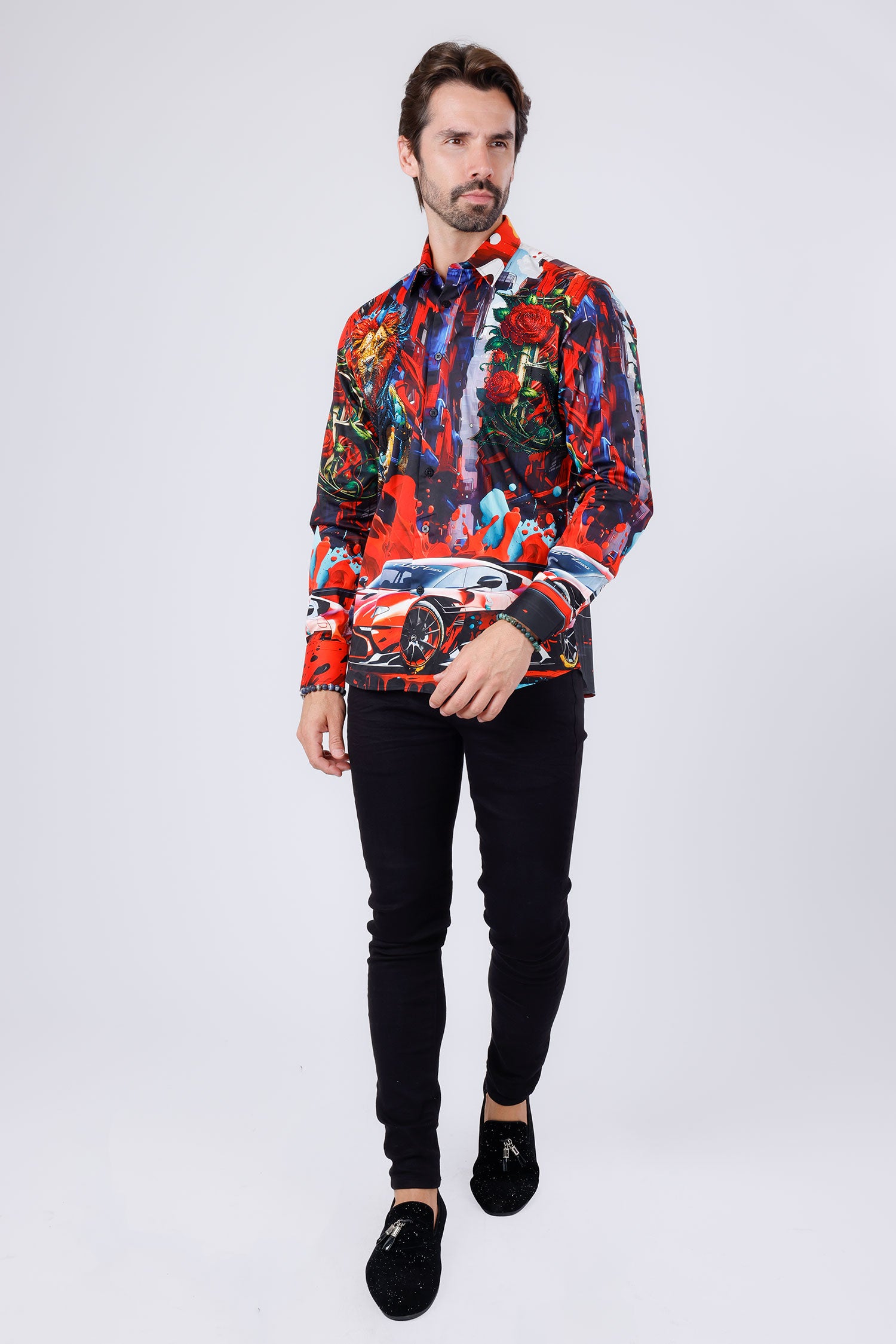 BARABAS Men's Rhinestone Floral Lion Long Sleeve Shirts 4SPR05 Red