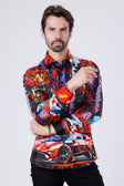 BARABAS Men's Rhinestone Floral Lion Long Sleeve Shirts 4SPR05 #Color_Red