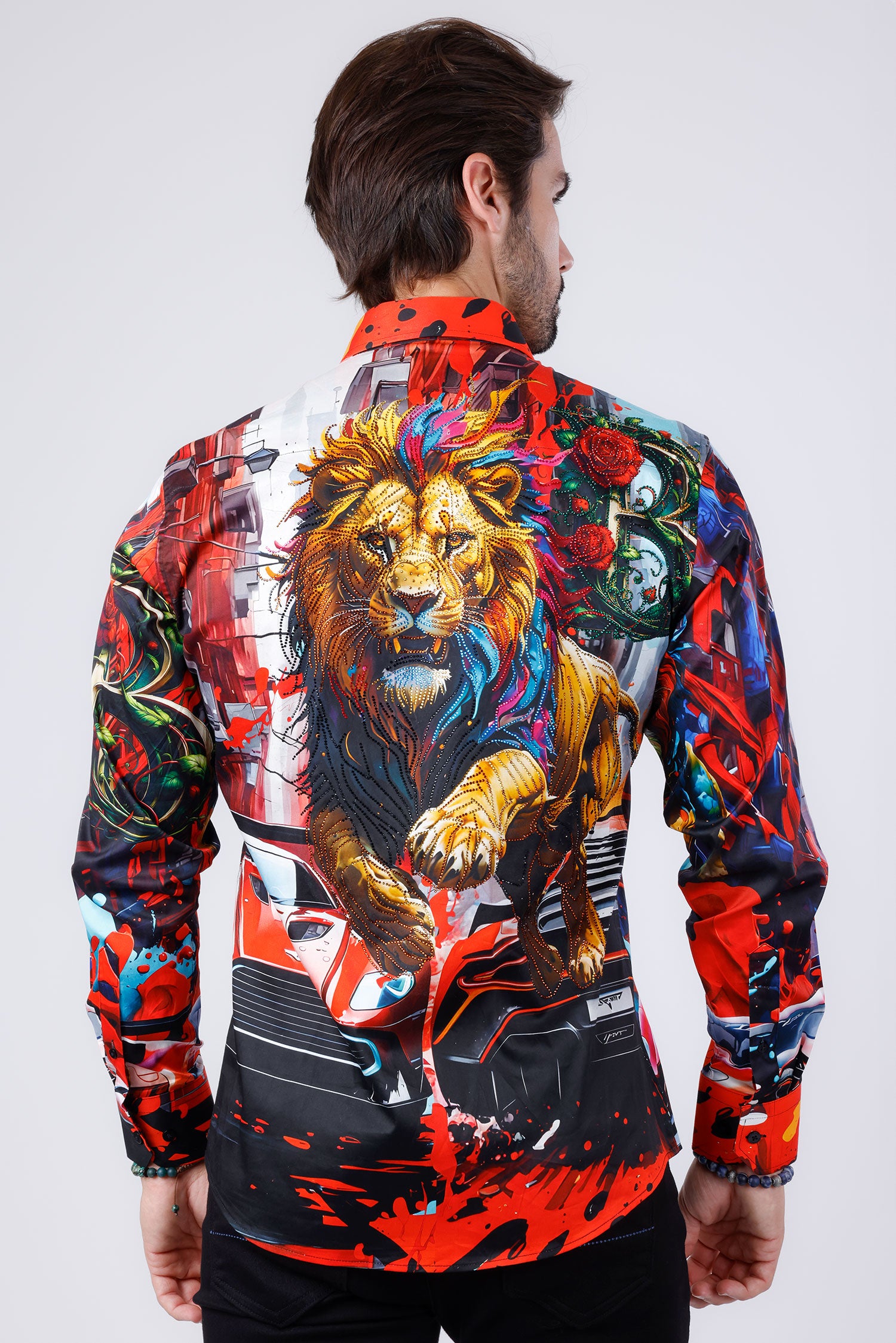 BARABAS Men's Rhinestone Floral Lion Long Sleeve Shirts 4SPR05 Mutlicolor