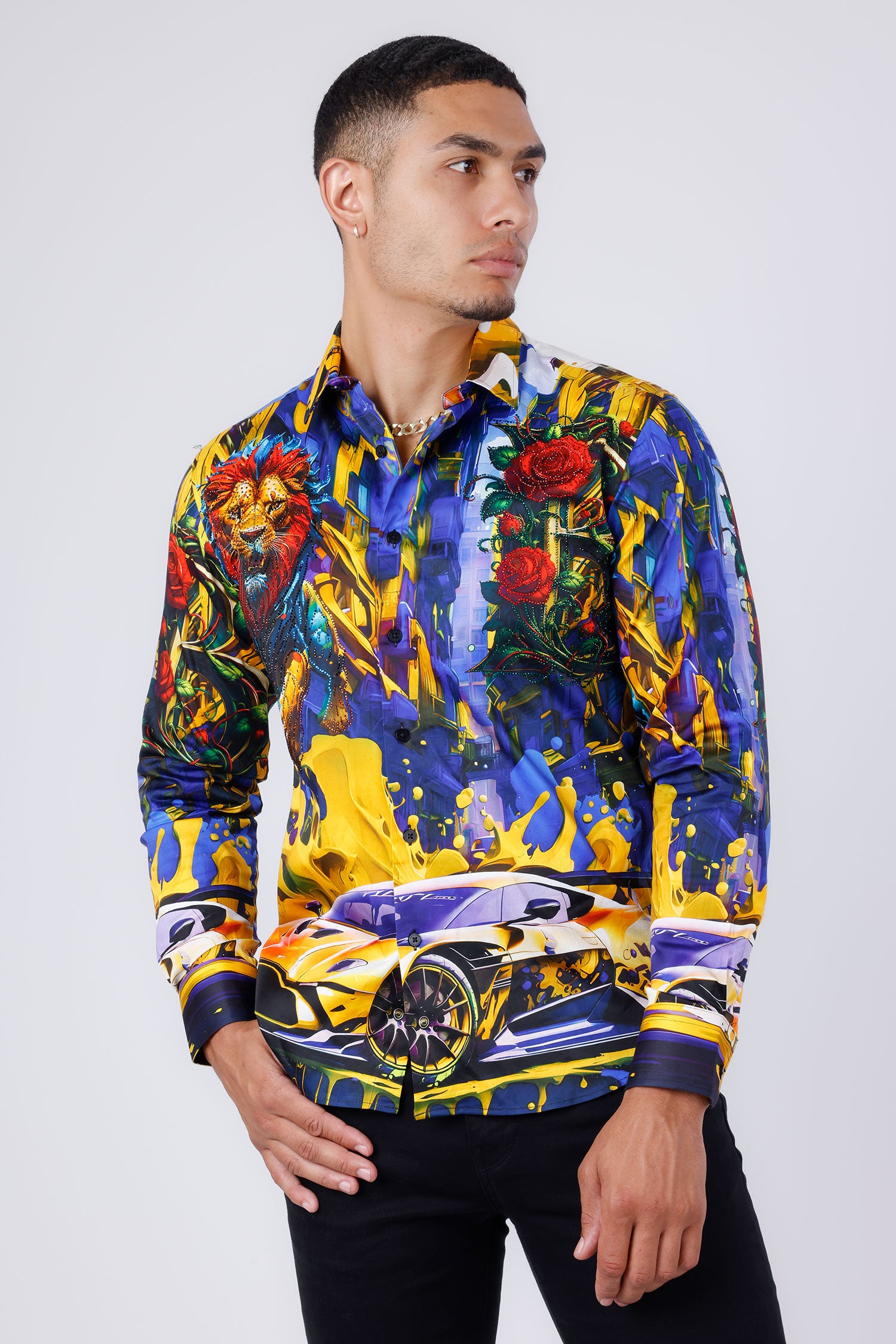 BARABAS Men's Rhinestone Floral Lion Long Sleeve Shirts 4SPR05 Royal