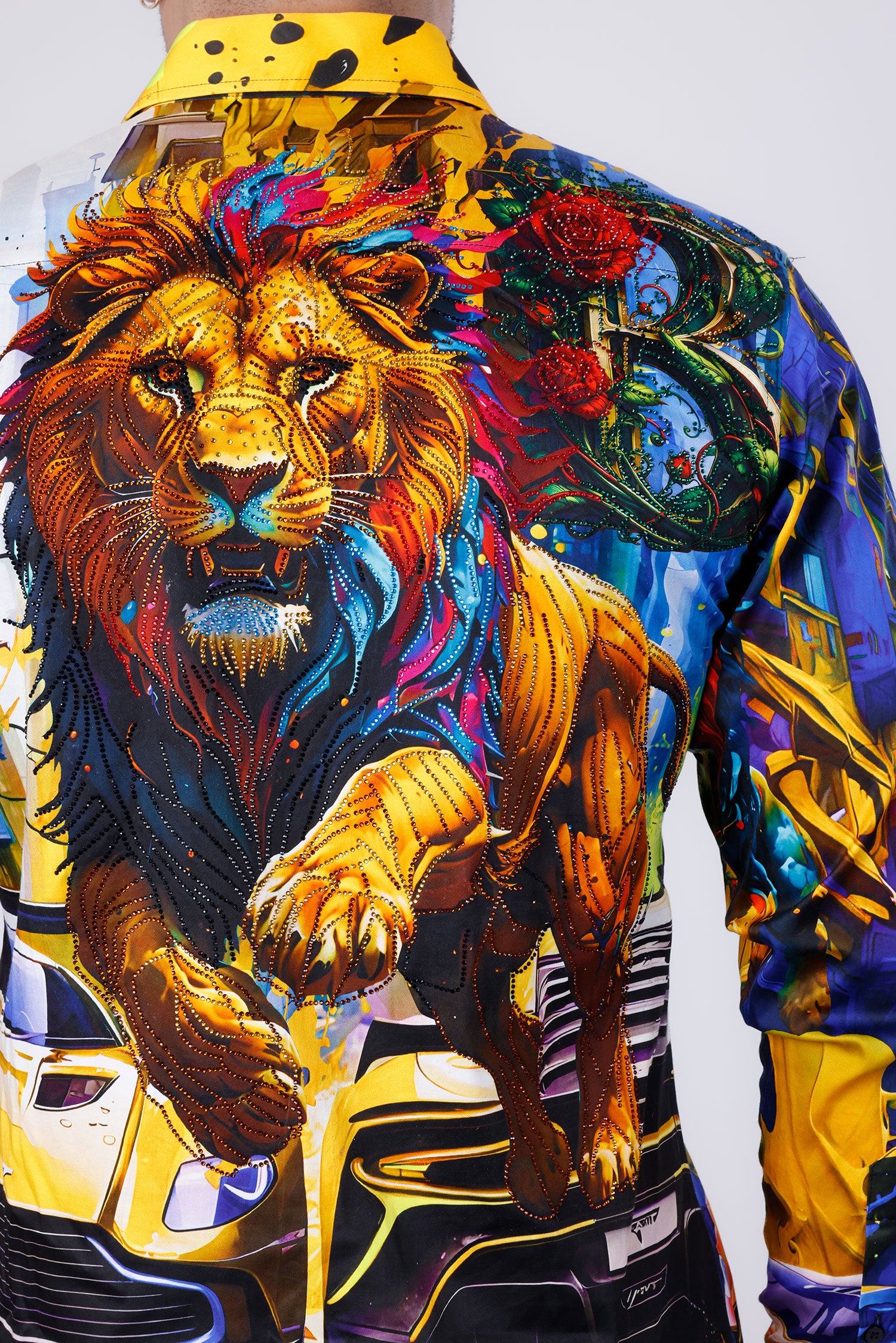 BARABAS Men's Rhinestone Floral Lion Long Sleeve Shirts 4SPR05 Yellow