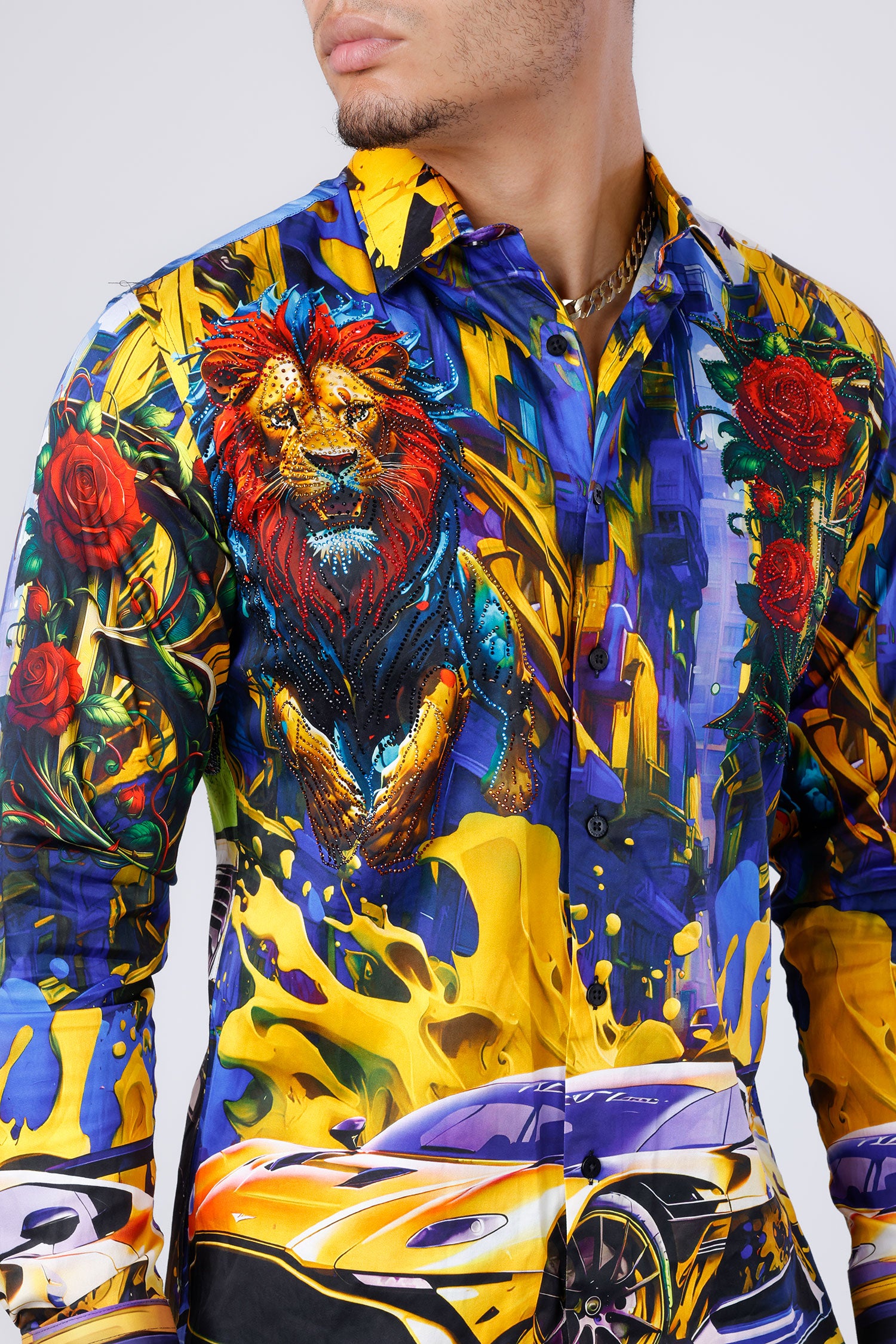 BARABAS Men's Rhinestone Floral Lion Long Sleeve Shirts 4SPR05 Royal