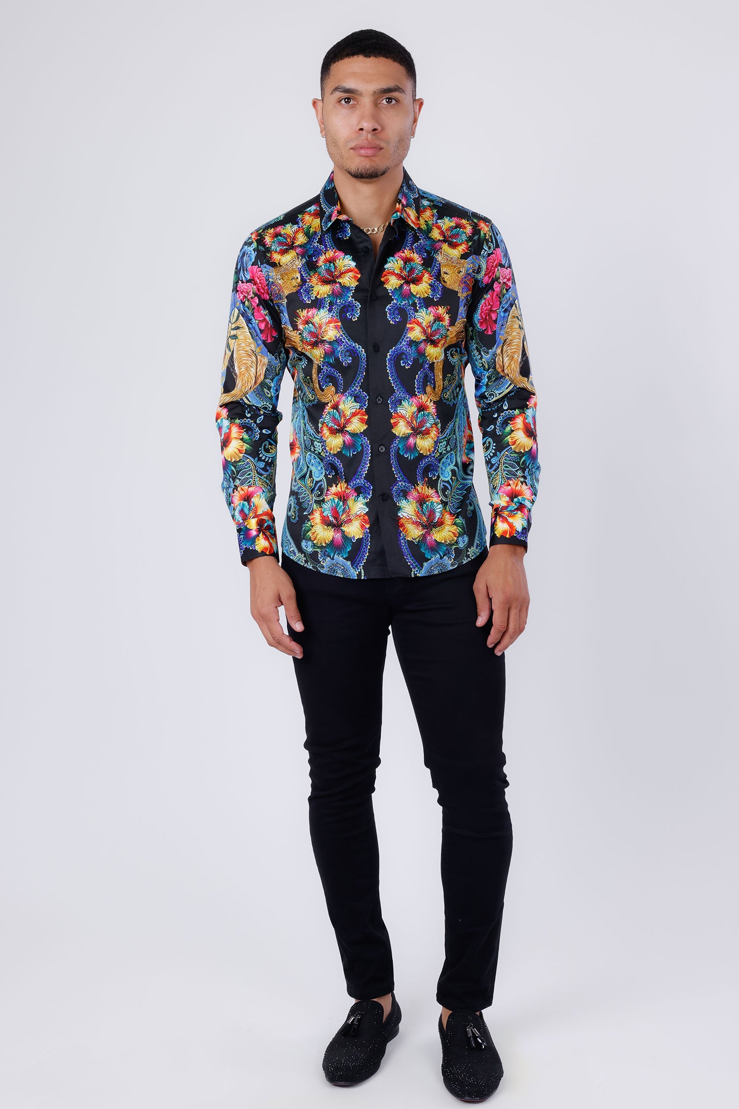 Barabas Men's Rhinestone Floral Paisley Long Sleeve Shirts 4SPR07 Black