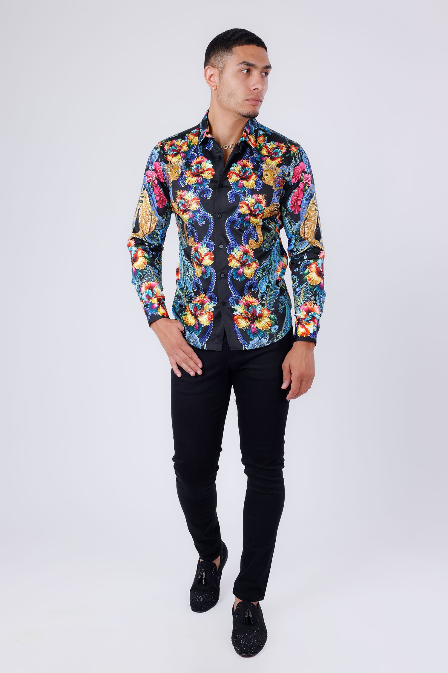 Barabas Men's Rhinestone Floral Paisley Long Sleeve Shirts 4SPR07 Blue