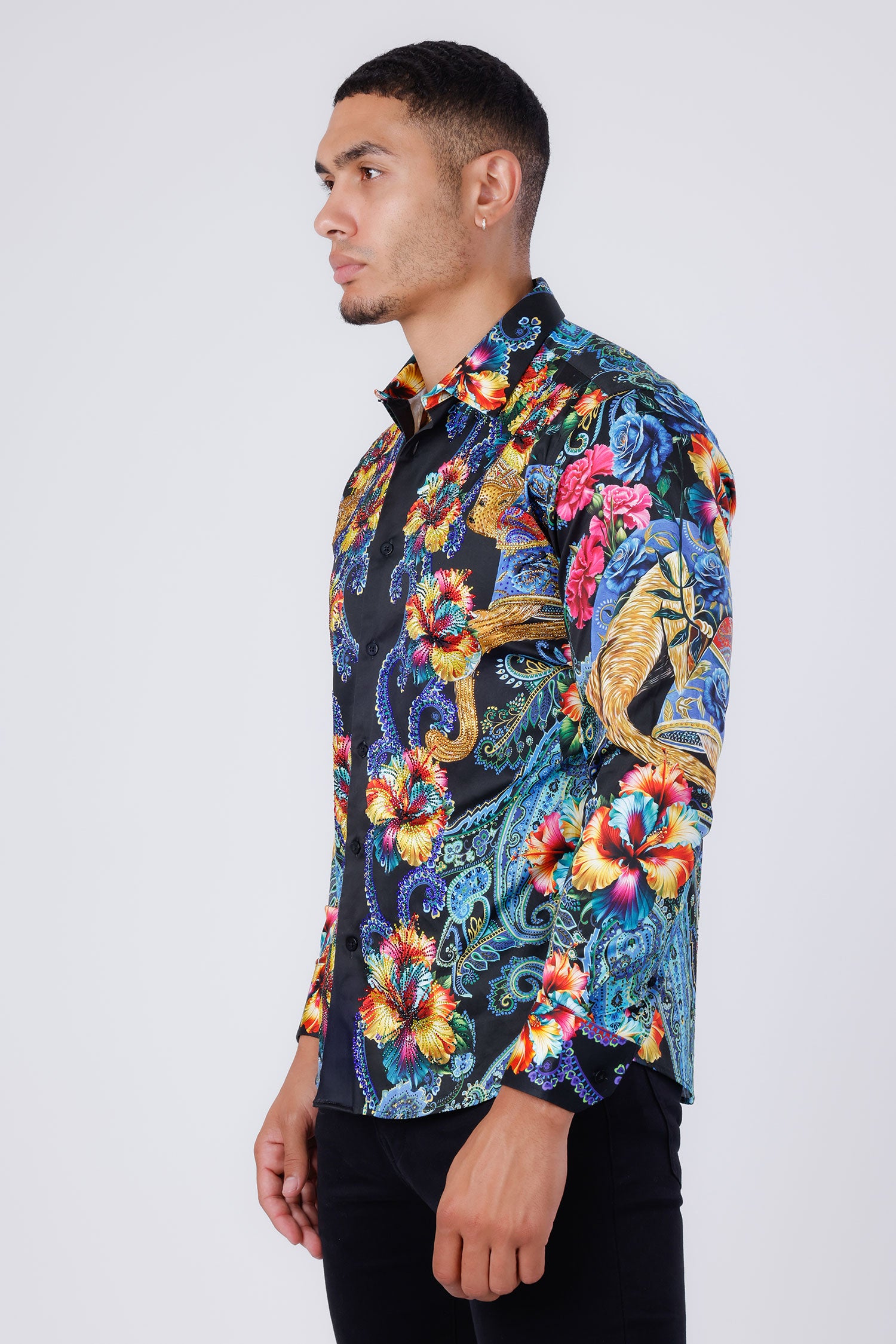 Barabas Men's Rhinestone Floral Paisley Long Sleeve Shirts 4SPR07 Black