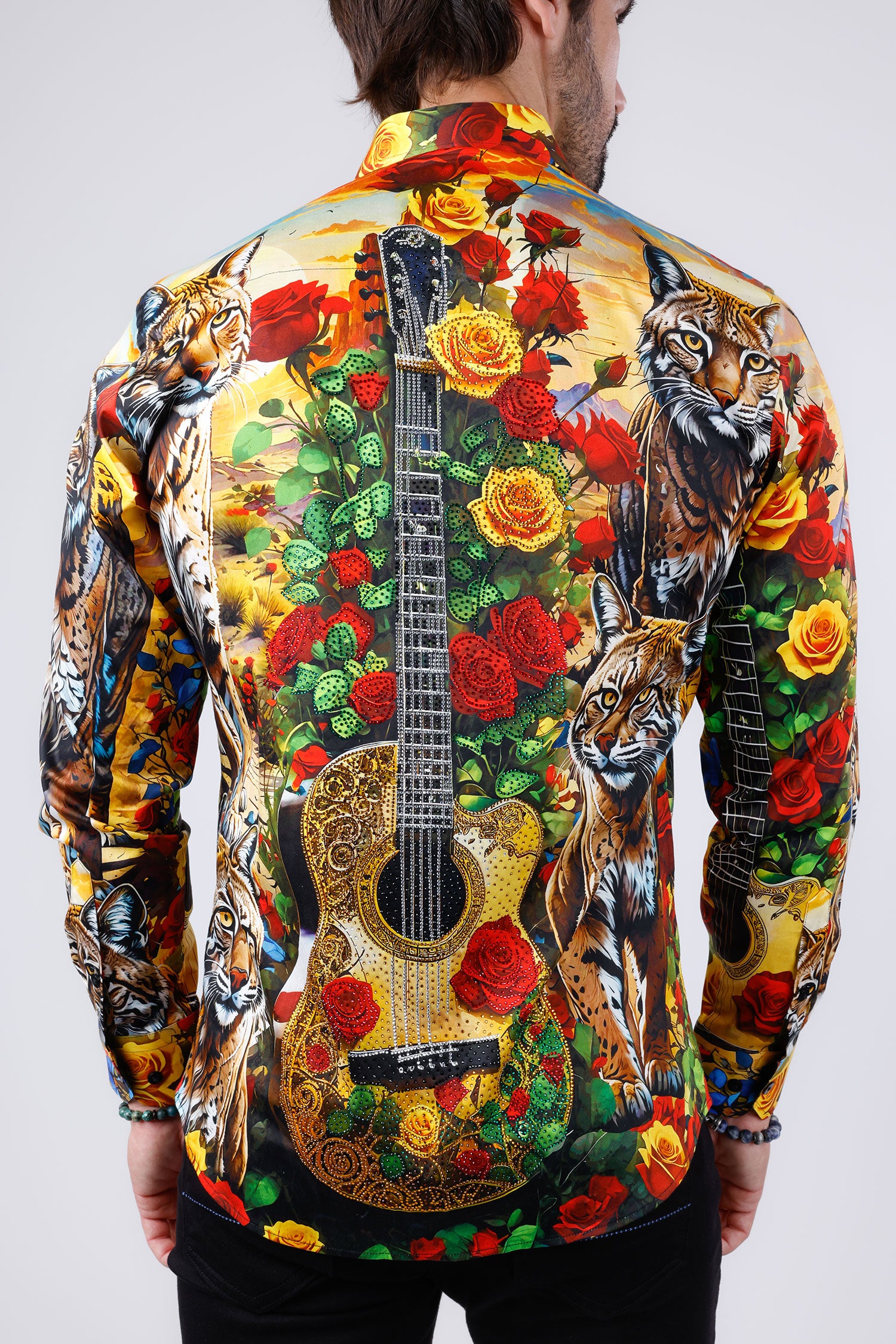 Barabas Men's Rhinestone Floral Animal Long Sleeve Shirts 4SPR08 Red