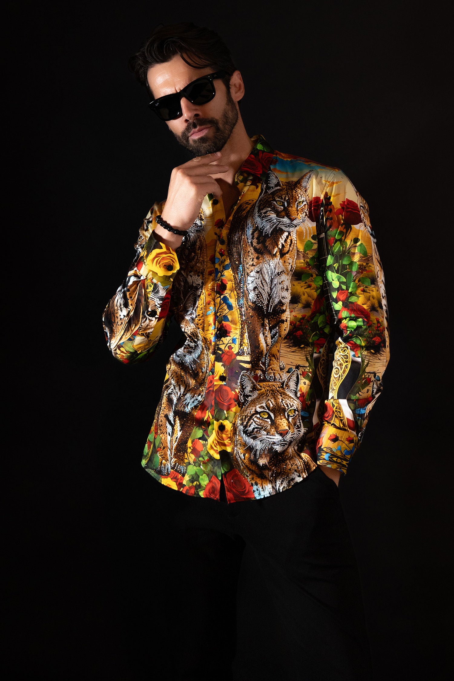 Barabas Men's Rhinestone Floral Animal Long Sleeve Shirts 4SPR08 Black