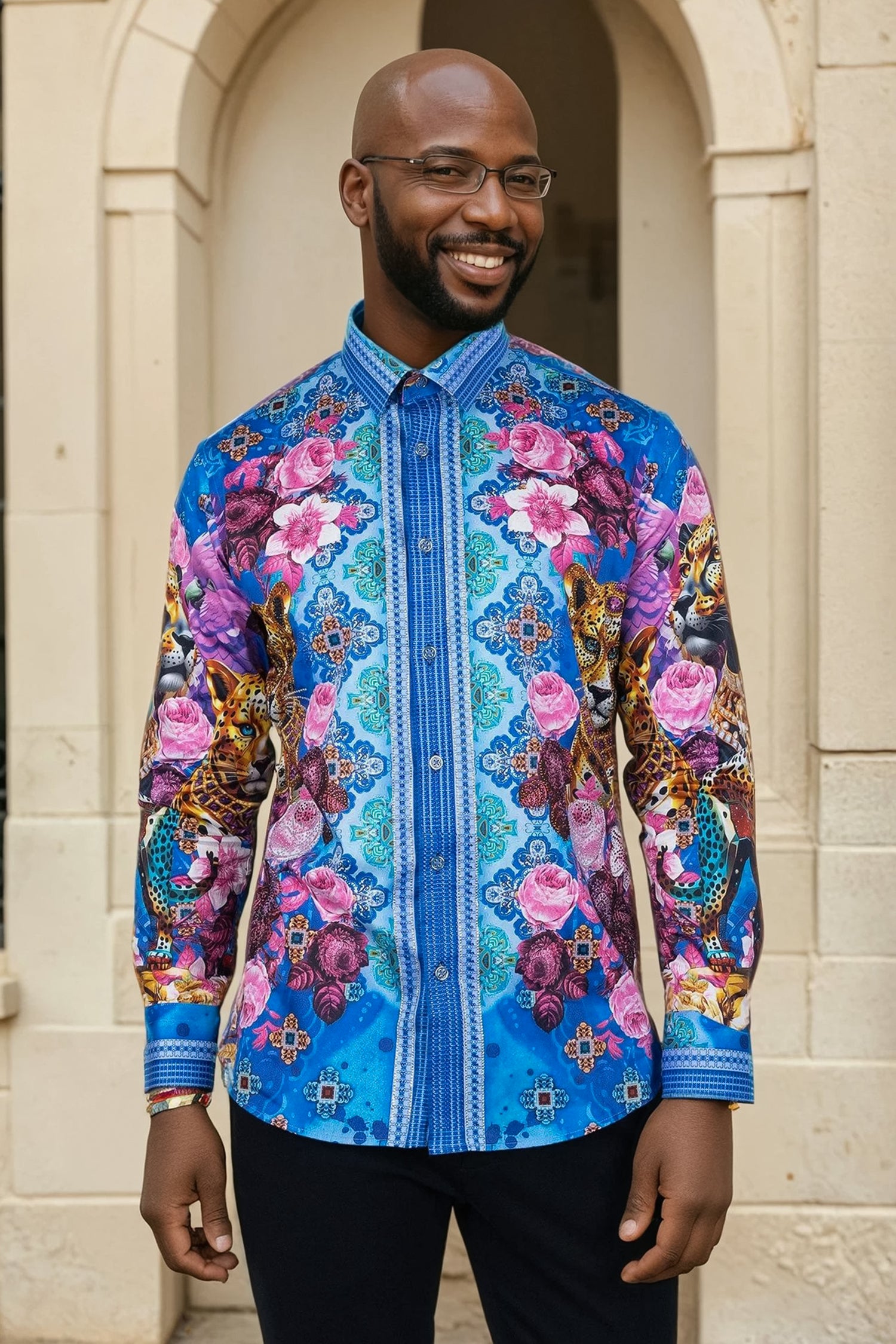 Barabas Men's Rhinestone Panther Cheetah Long Sleeve Shirts 4SPR09 Blue