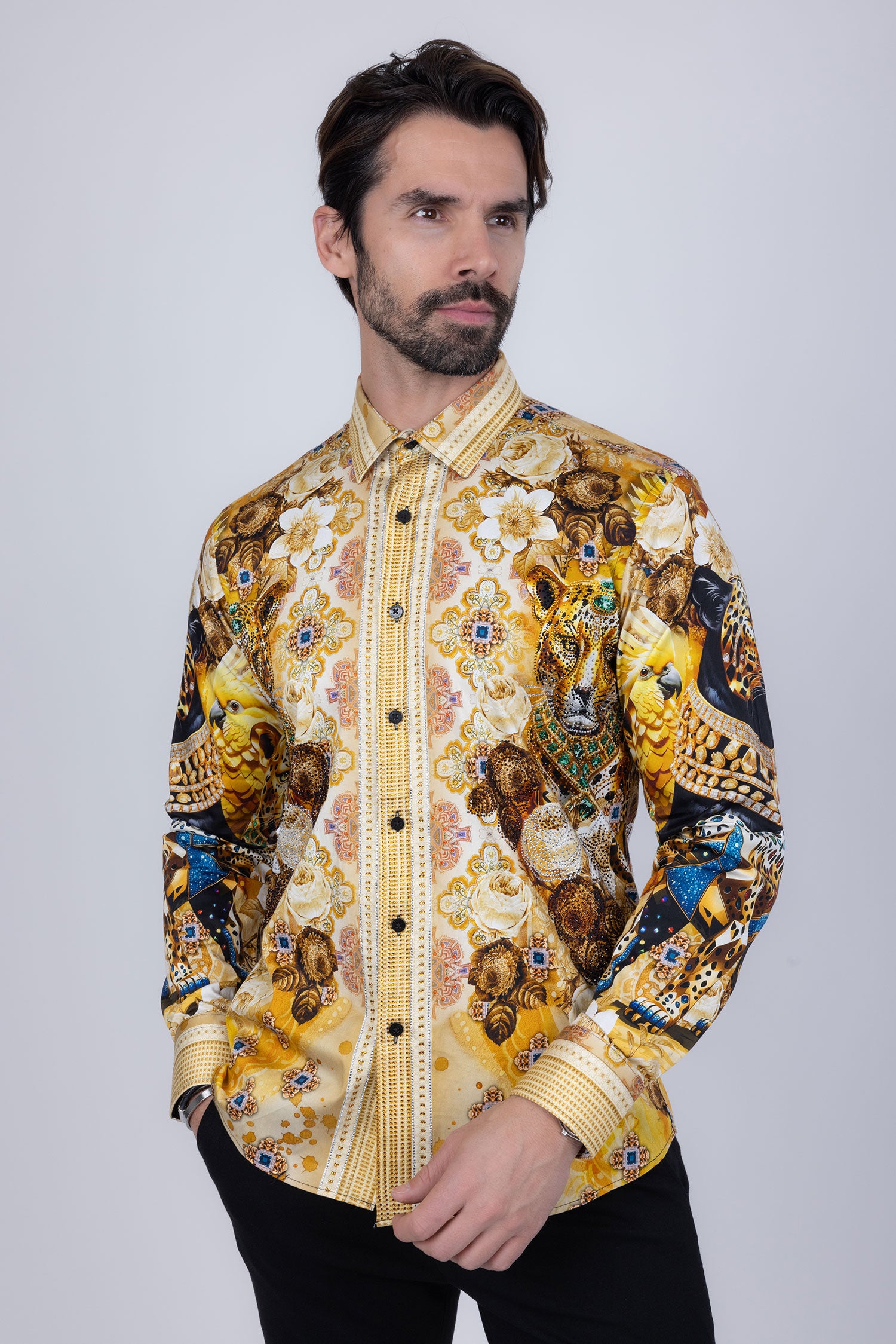 Barabas Men's Rhinestone Panther Cheetah Long Sleeve Shirts 4SPR09 Yellow