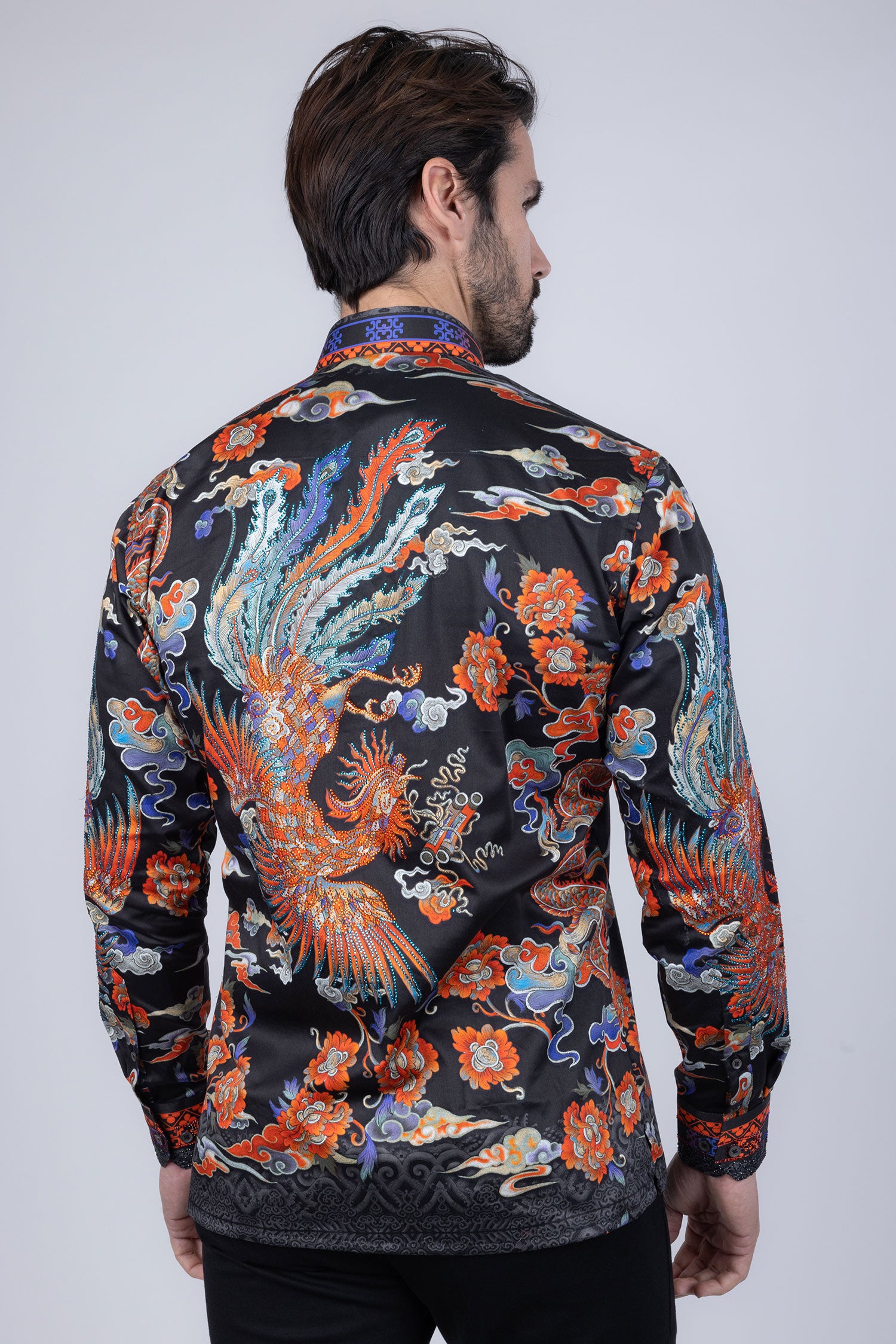 Barabas Men's Rhinestone Floral Rooster Long Sleeve Shirts 4SPR10  Charcoal