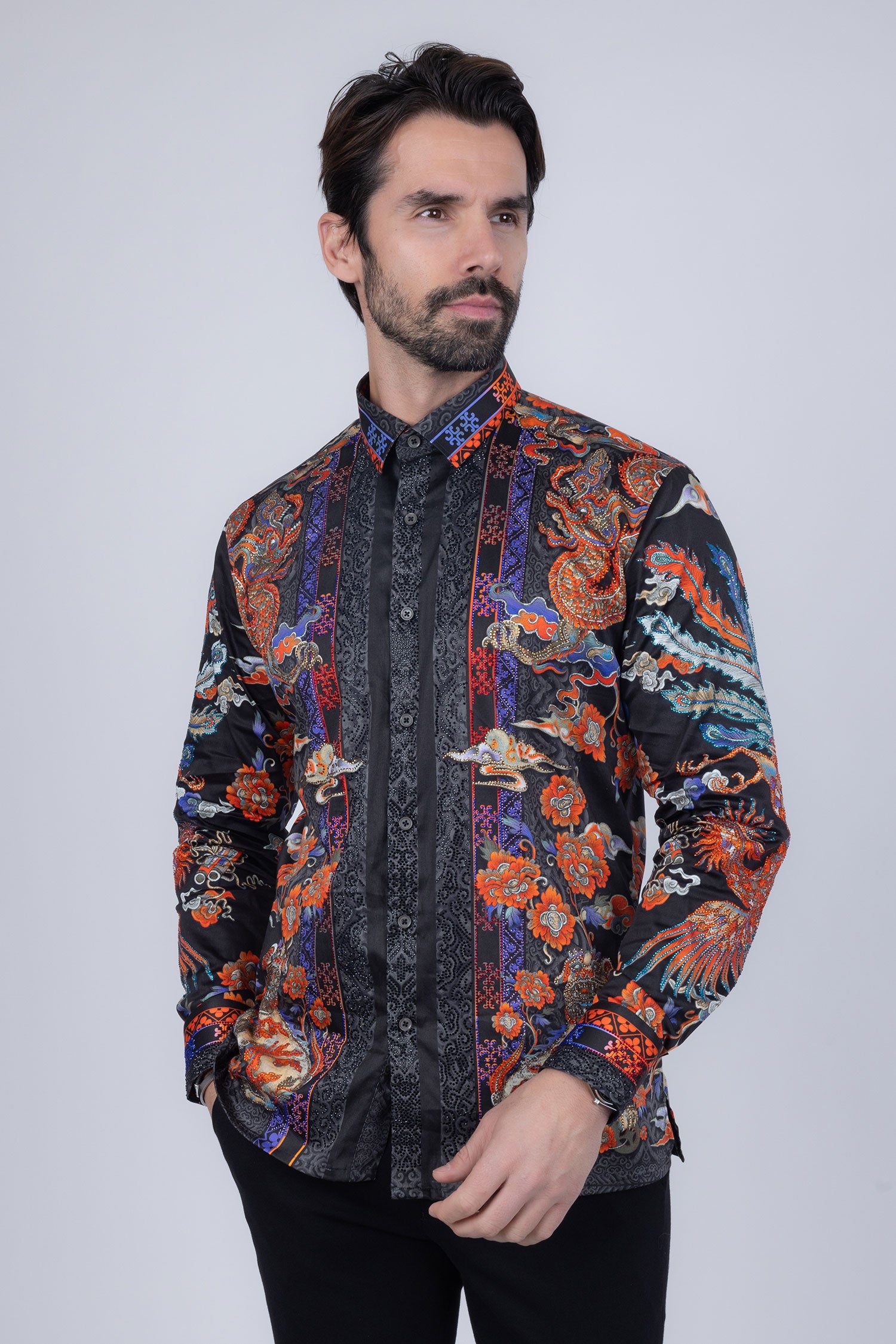 Barabas Men's Rhinestone Floral Rooster Long Sleeve Shirts 4SPR10 Black