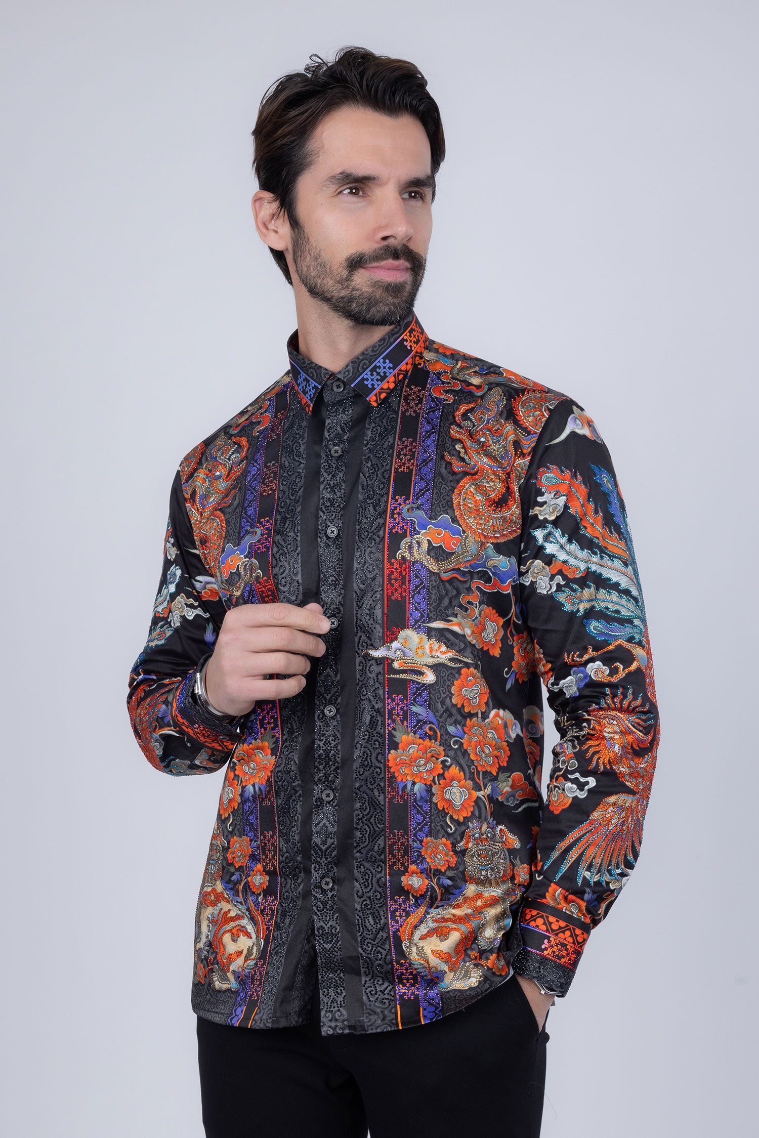 Barabas Men's Rhinestone Floral Rooster Long Sleeve Shirts 4SPR10 Black