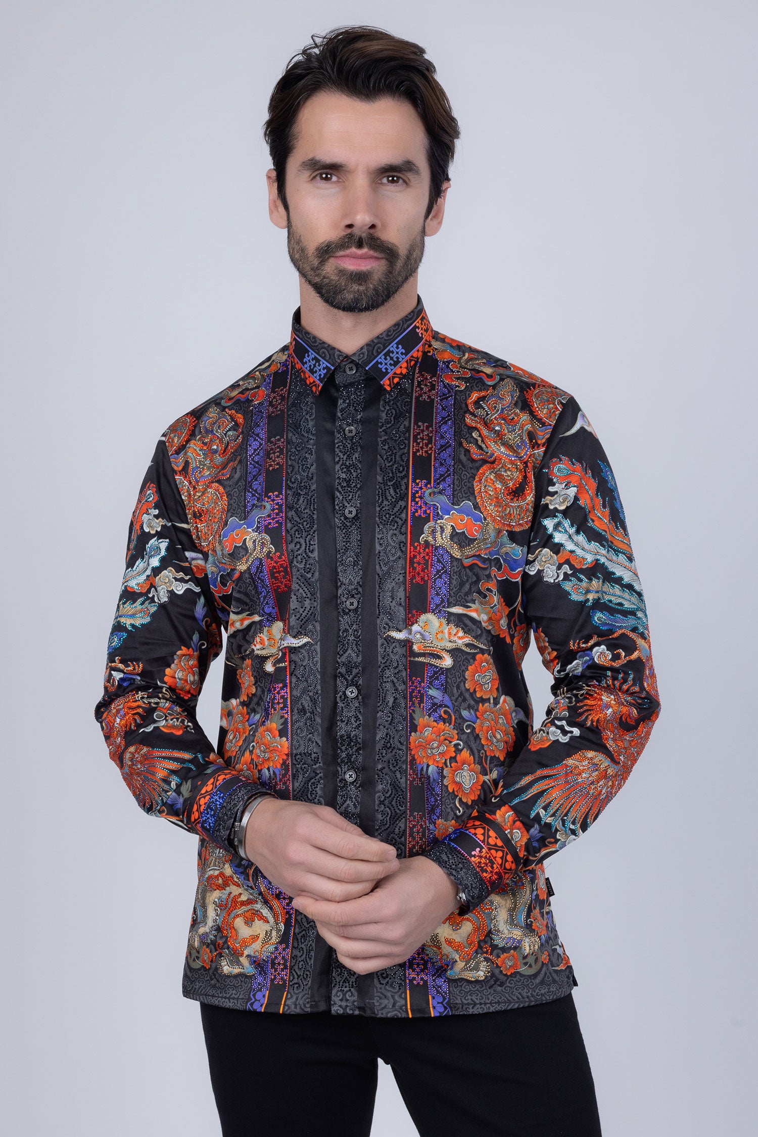 Barabas Men's Rhinestone Floral Rooster Long Sleeve Shirts 4SPR10  Black