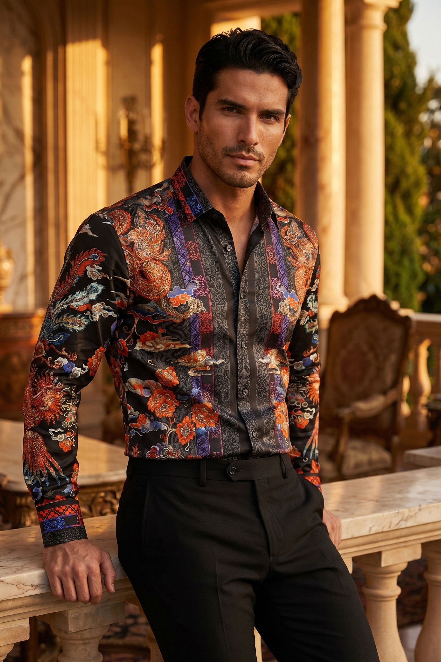 Barabas Men's Rhinestone Floral Rooster Long Sleeve Shirts 4SPR10 Black