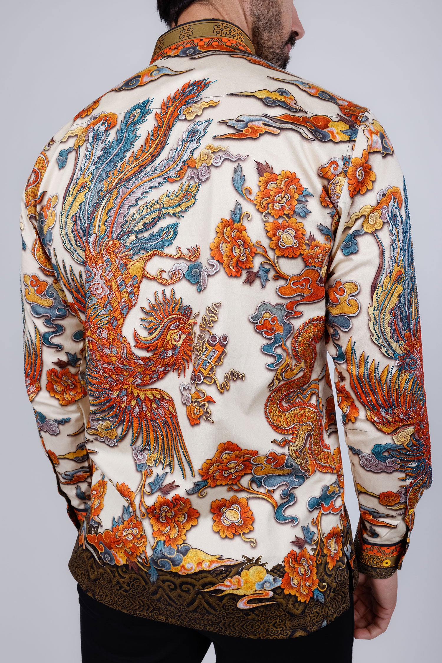 Barabas Men's Rhinestone Floral Rooster Long Sleeve Shirts 4SPR10 Cream Black