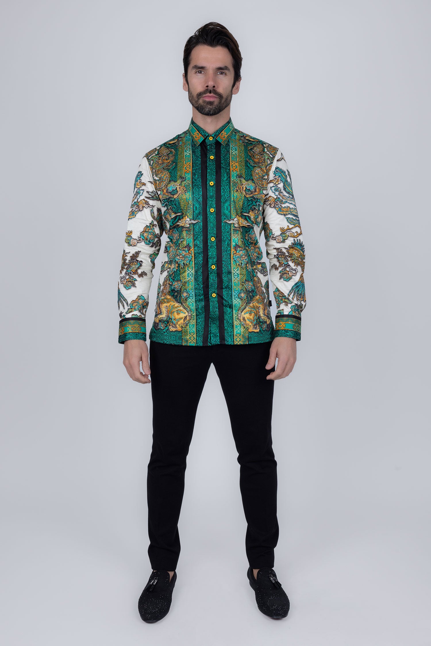 Barabas Men's Rhinestone Floral Rooster Long Sleeve Shirts 4SPR10 Green