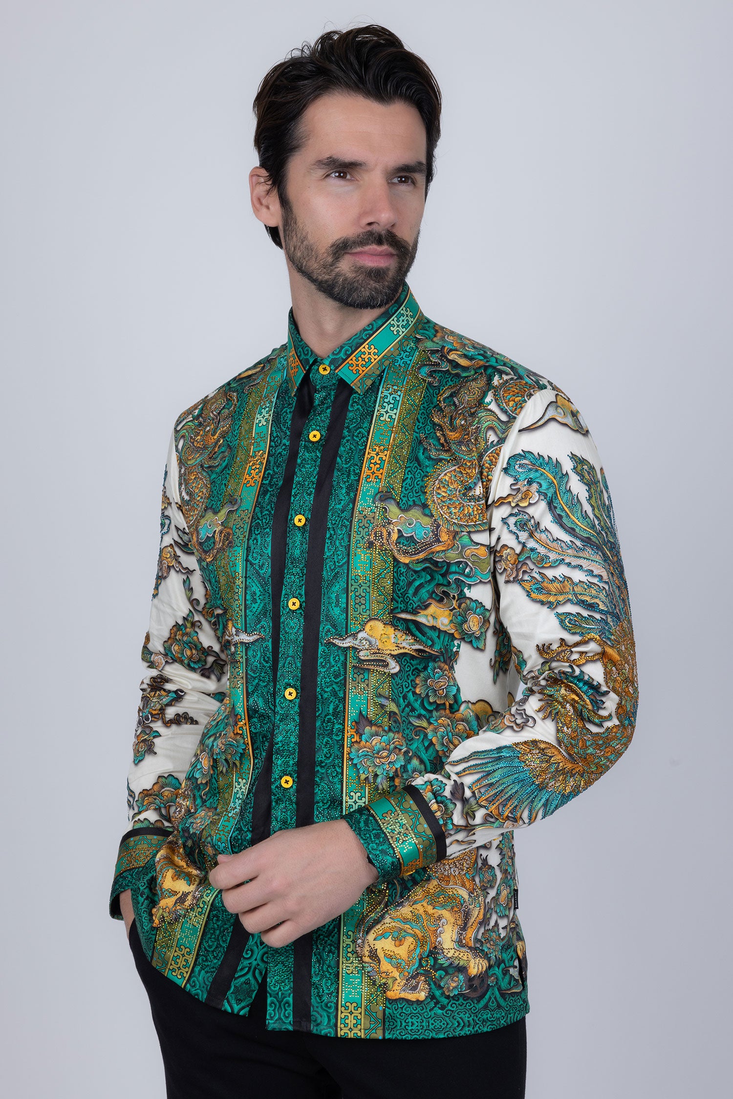 Barabas Men's Rhinestone Floral Rooster Long Sleeve Shirts 4SPR10 Green