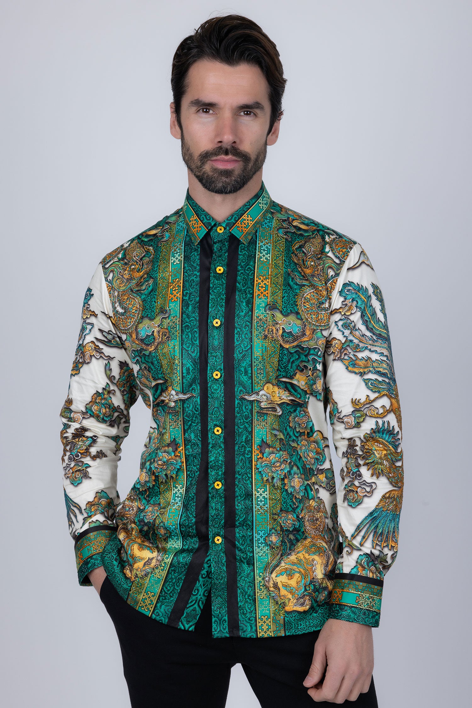 Barabas Men's Rhinestone Floral Rooster Long Sleeve Shirts 4SPR10 Green