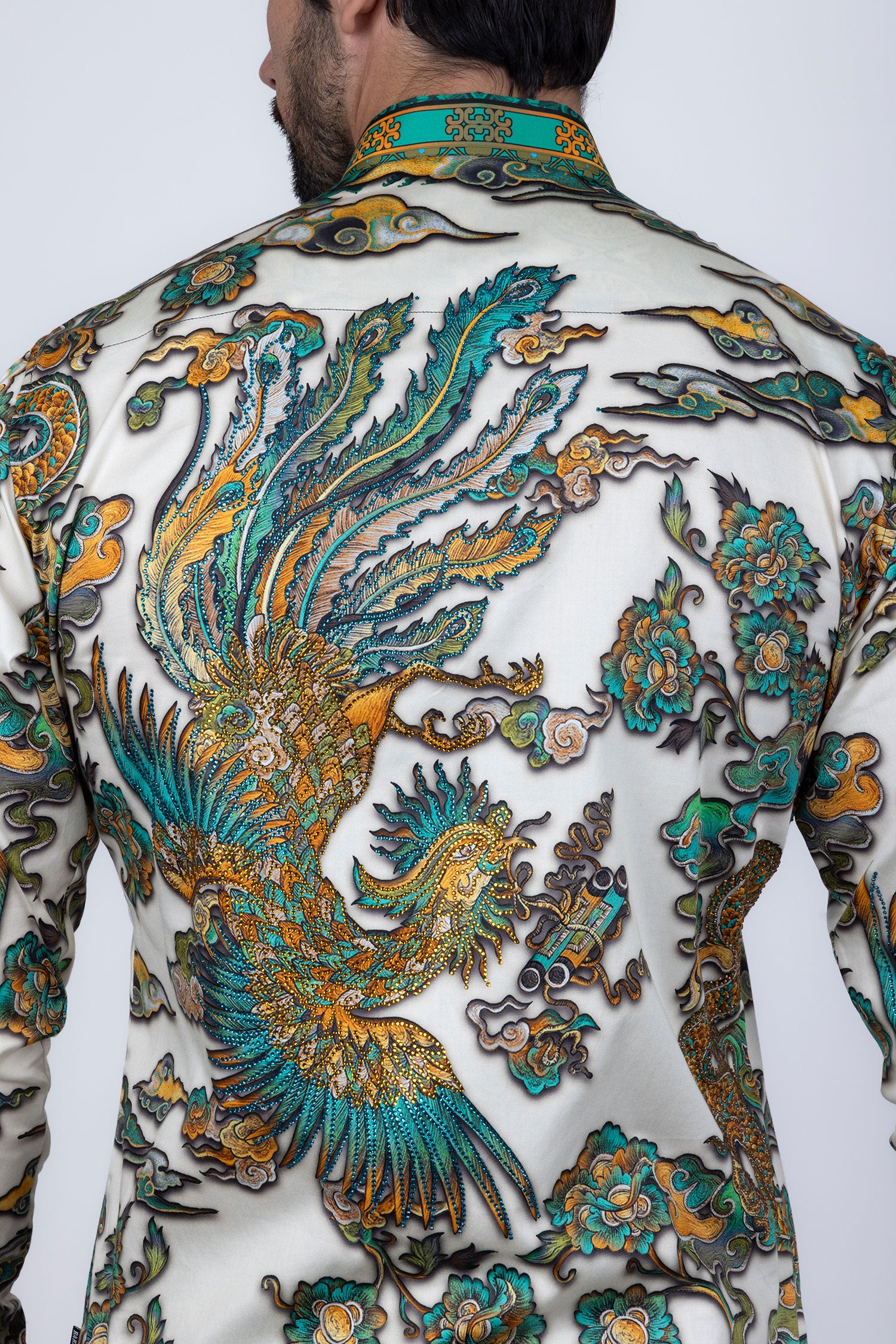 Barabas Men's Rhinestone Floral Rooster Long Sleeve Shirts 4SPR10 Green