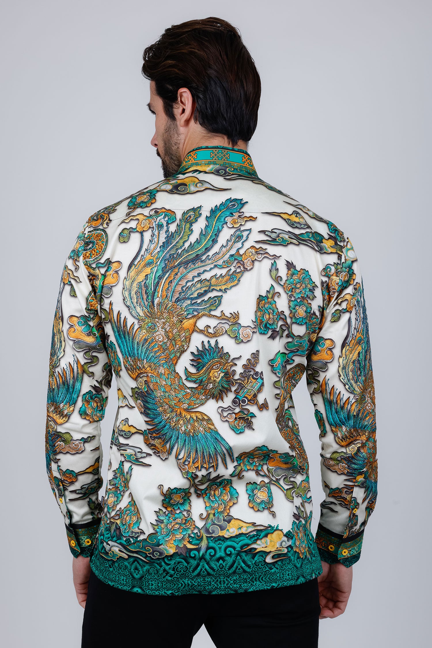 Barabas Men's Rhinestone Floral Rooster Long Sleeve Shirts 4SPR10 Lime