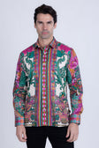 Barabas Men's Rhinestone Floral Dragon Long Sleeve Shirts 4SPR11 #Color_Fuchsia