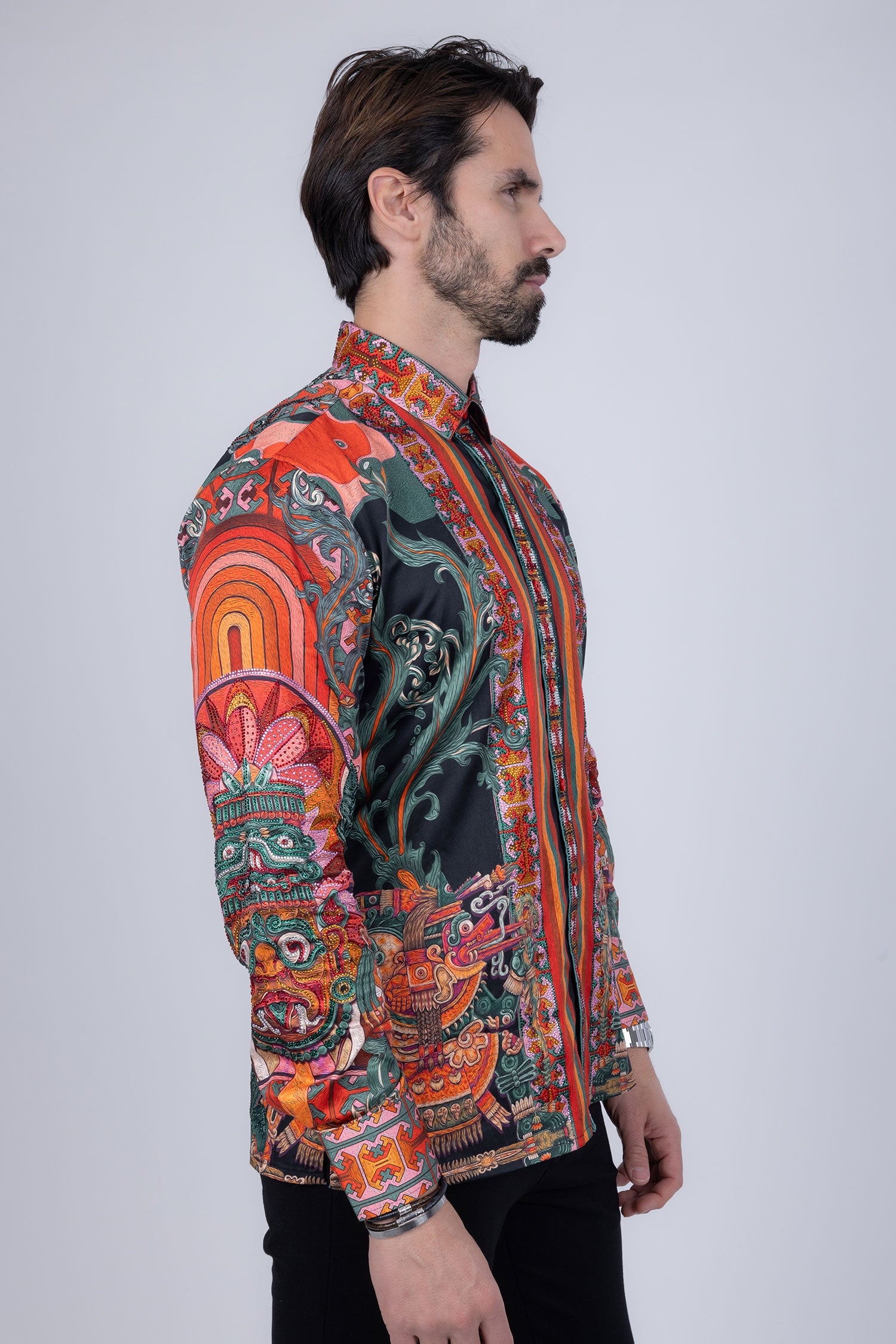 Barabas Men's Rhinestone Floral Dragon Long Sleeve Shirts 4SPR11 Orange