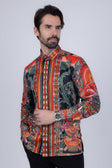 Barabas Men's Rhinestone Floral Dragon Long Sleeve Shirts 4SPR11 #Color_Orange