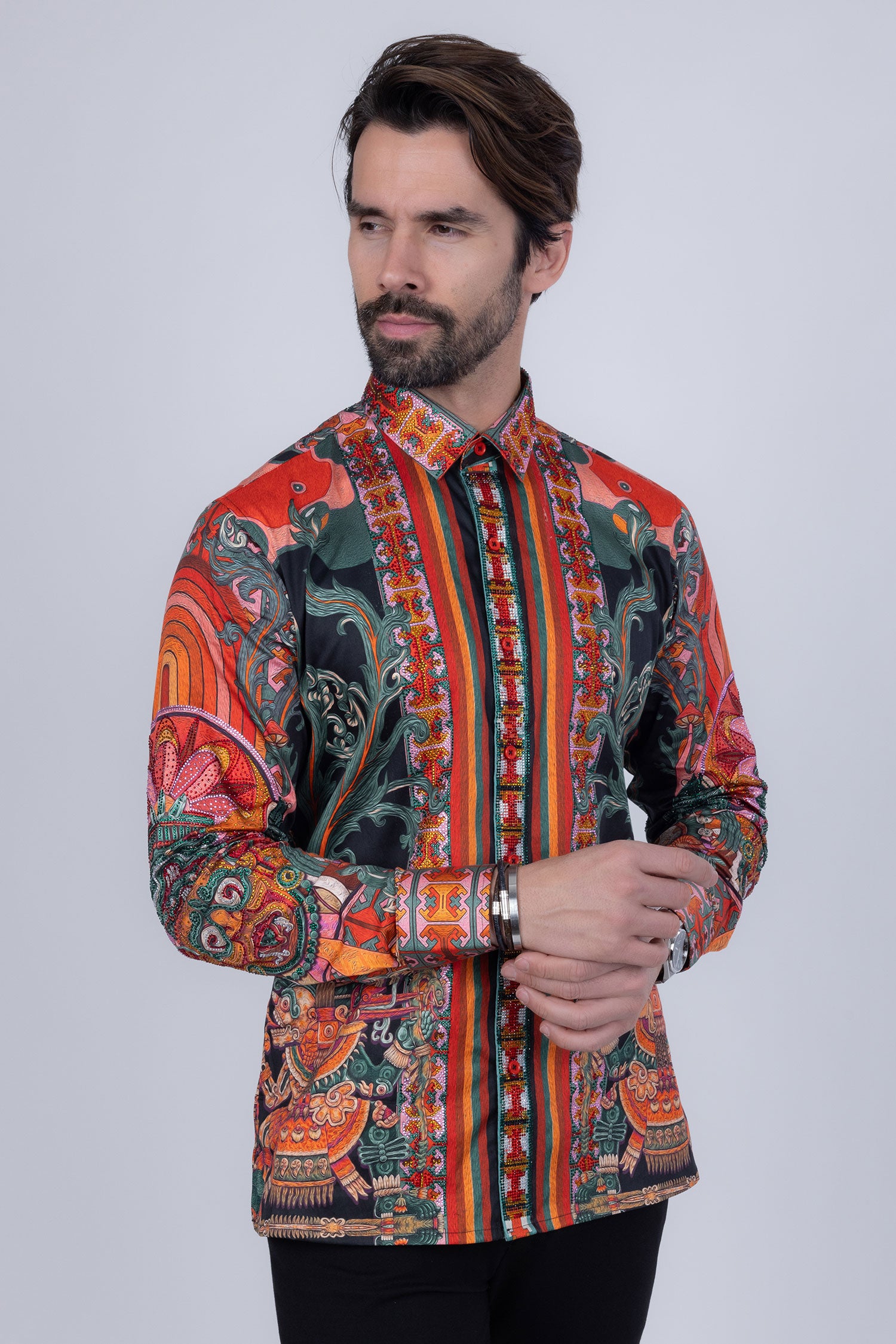 Barabas Men's Rhinestone Floral Dragon Long Sleeve Shirts 4SPR11 Orange