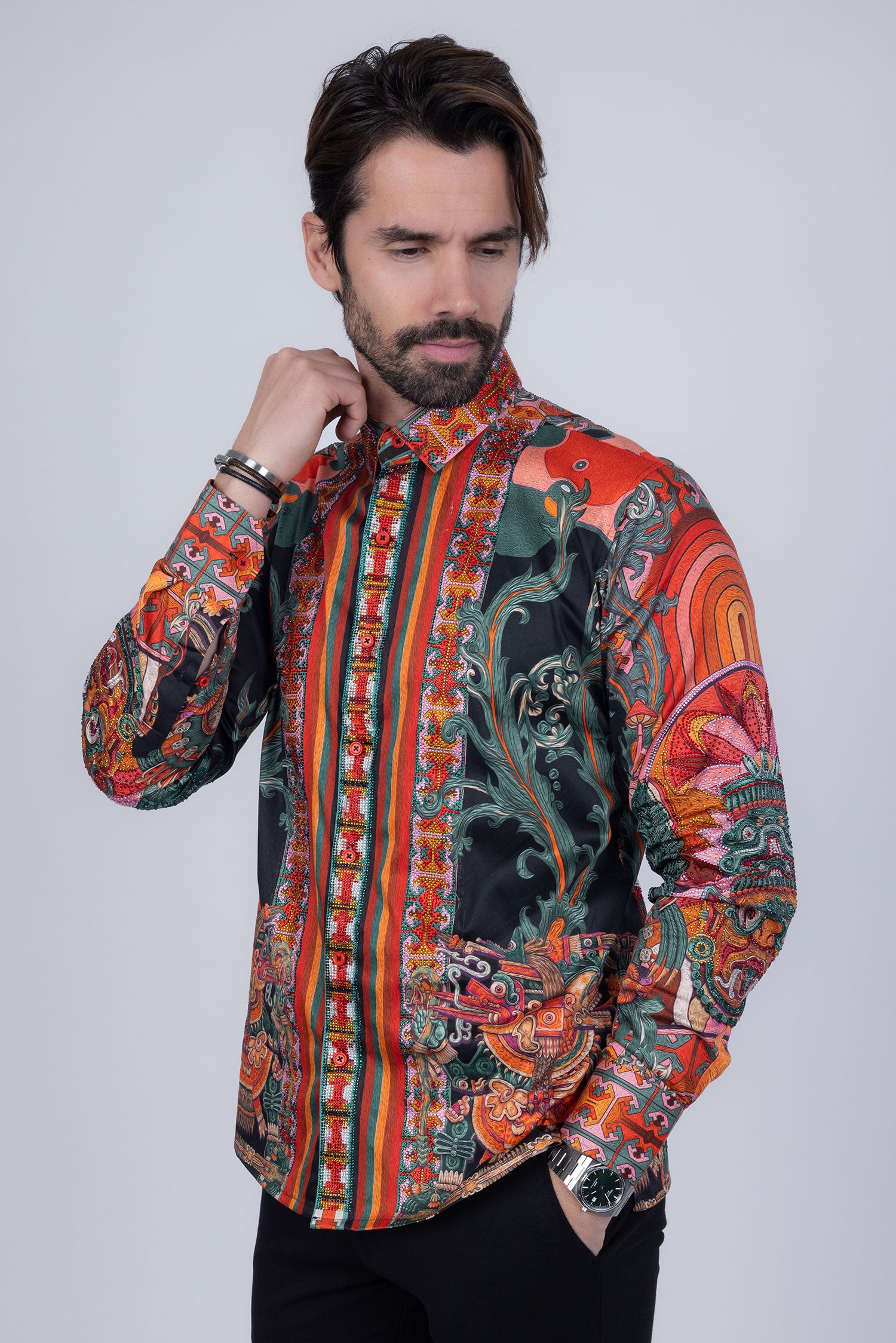 Barabas Men's Rhinestone Floral Dragon Long Sleeve Shirts 4SPR11 Orange