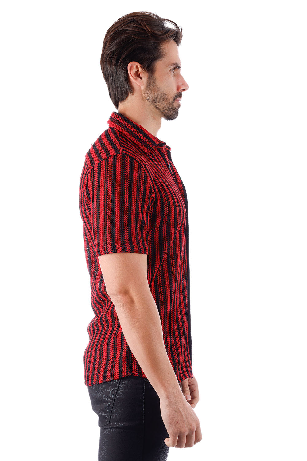 BARABAS Men's Knit See Through Short Sleeve Shirts 4SST01 Black Red