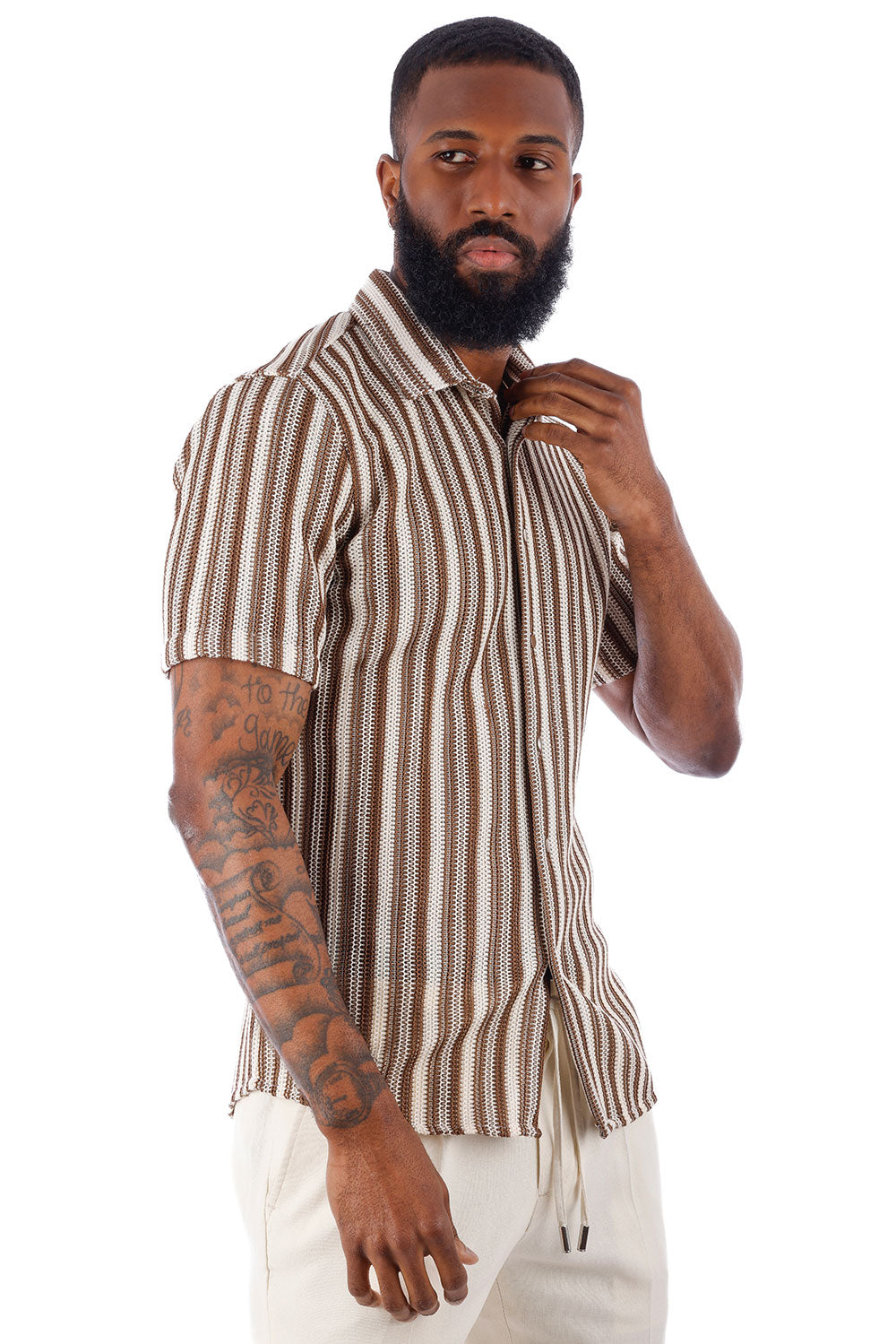 BARABAS Men's Knit See Through Short Sleeve Shirts 4SST01 White Brown