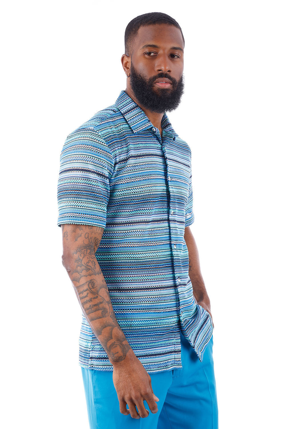 BARABAS Men's knitted Crochet Stripped Short Sleeve Shirts 4SST04 Blue