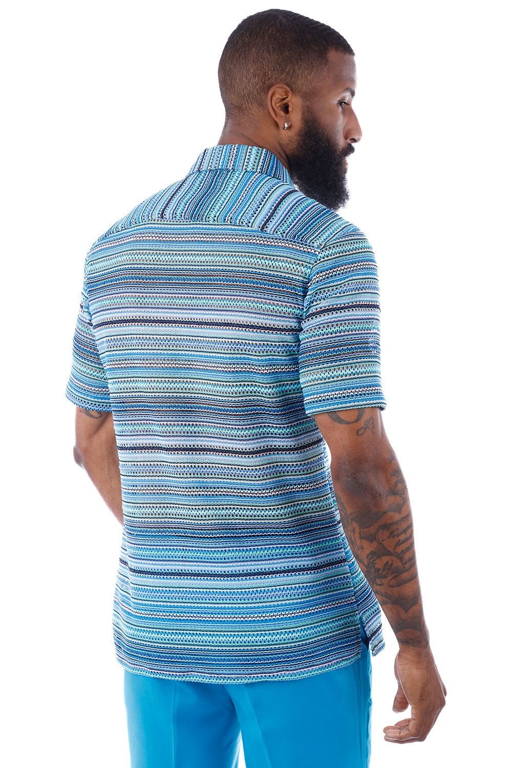 BARABAS Men's knitted Crochet Stripped Short Sleeve Shirts 4SST04 Blue