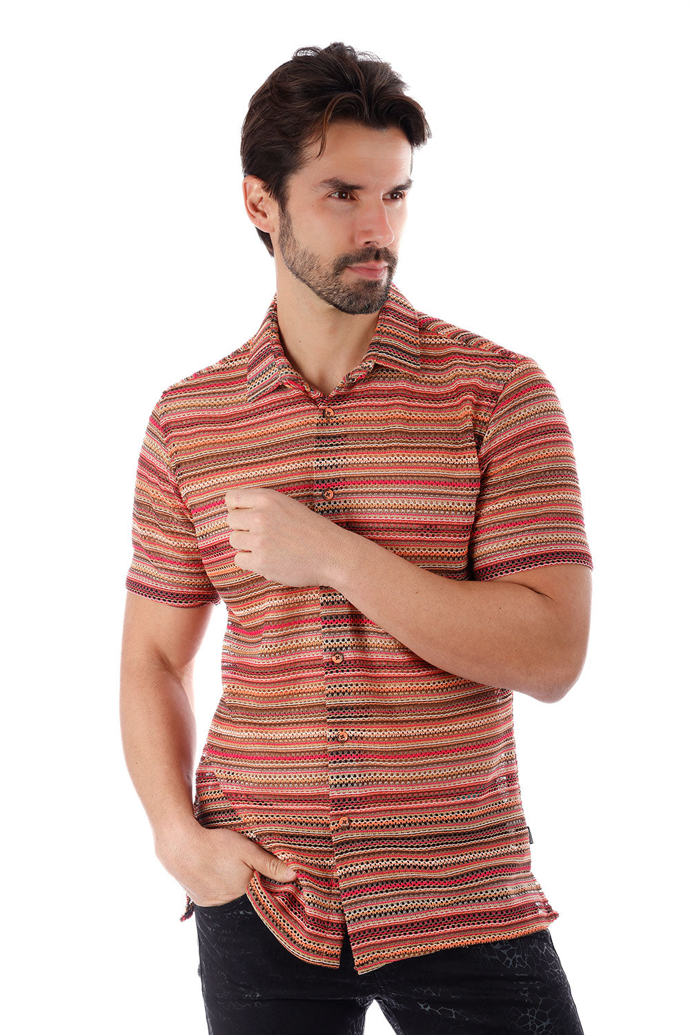 BARABAS Men's knitted Crochet Stripped Short Sleeve Shirts 4SST04 Orange