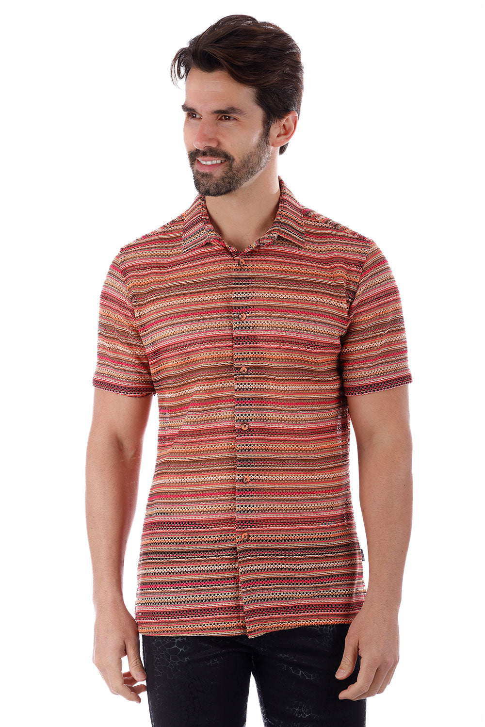 BARABAS Men's knitted Crochet Stripped Short Sleeve Shirts 4SST04 Orange