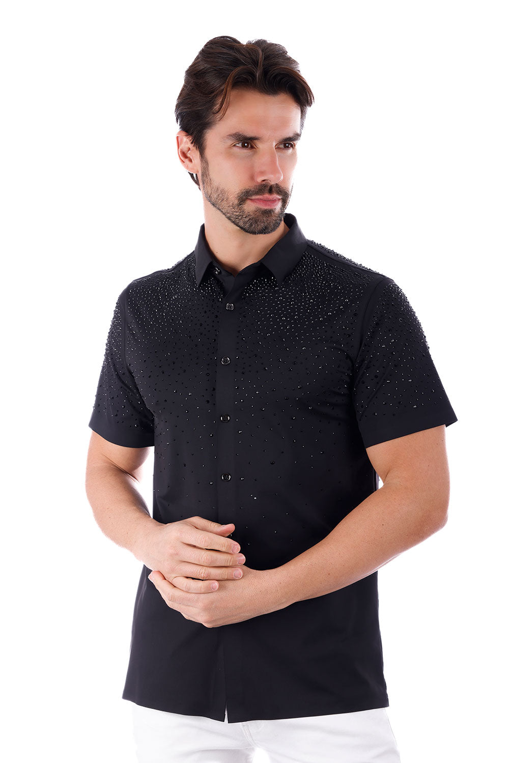 BARABAS Men's Rhinestones Button Down Short Sleeve Shirts 4SST06 Black