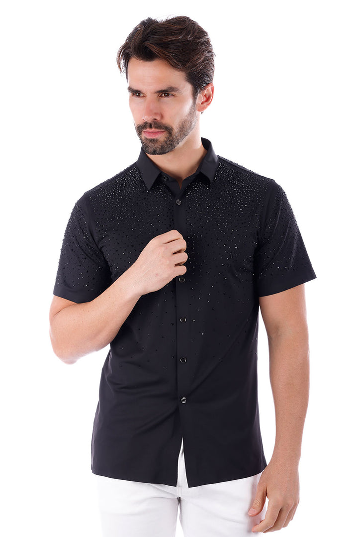 BARABAS Men's Rhinestones Button Down Short Sleeve Shirts 4SST06 Black