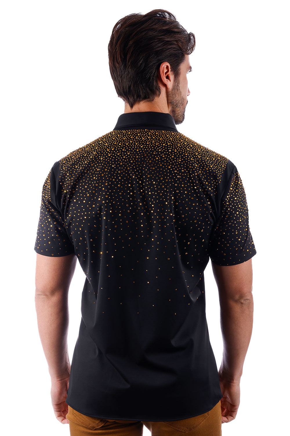 BARABAS Men's Rhinestones Button Down Short Sleeve Shirts 4SST06 Black Gold