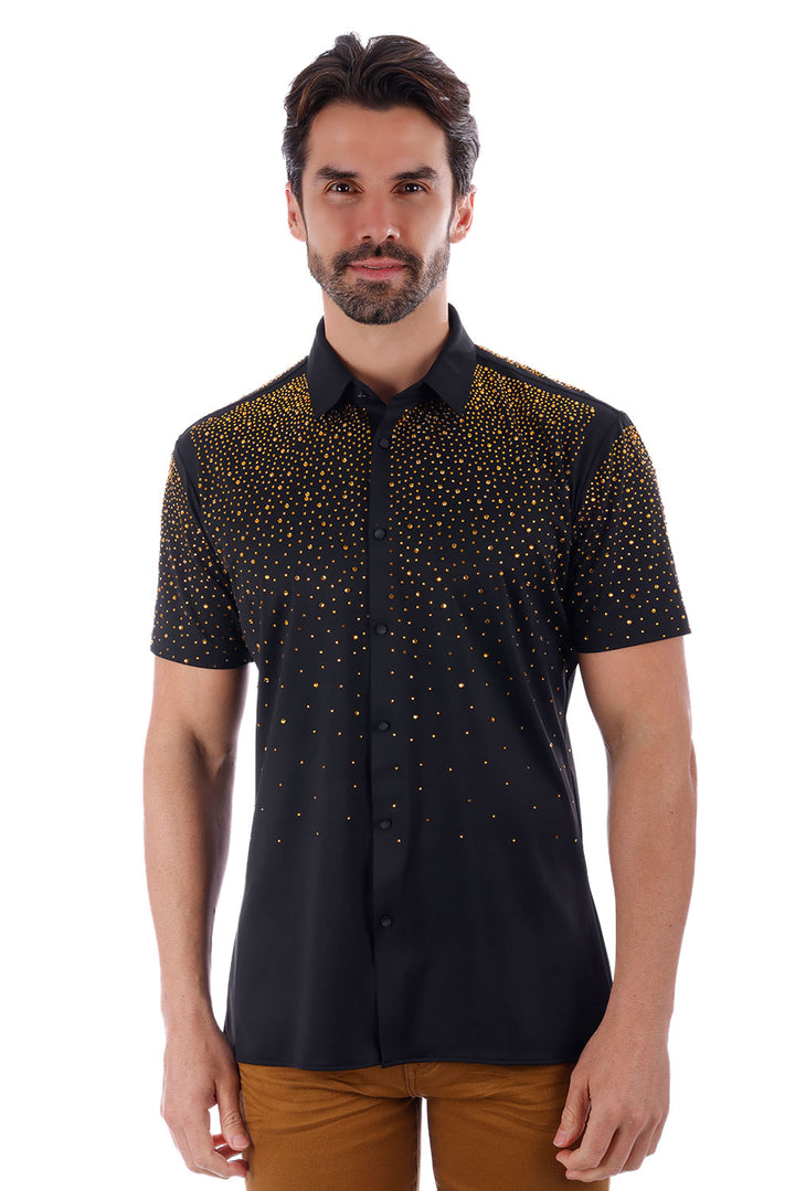 BARABAS Men's Rhinestones Button Down Short Sleeve Shirts 4SST06 Black Gold