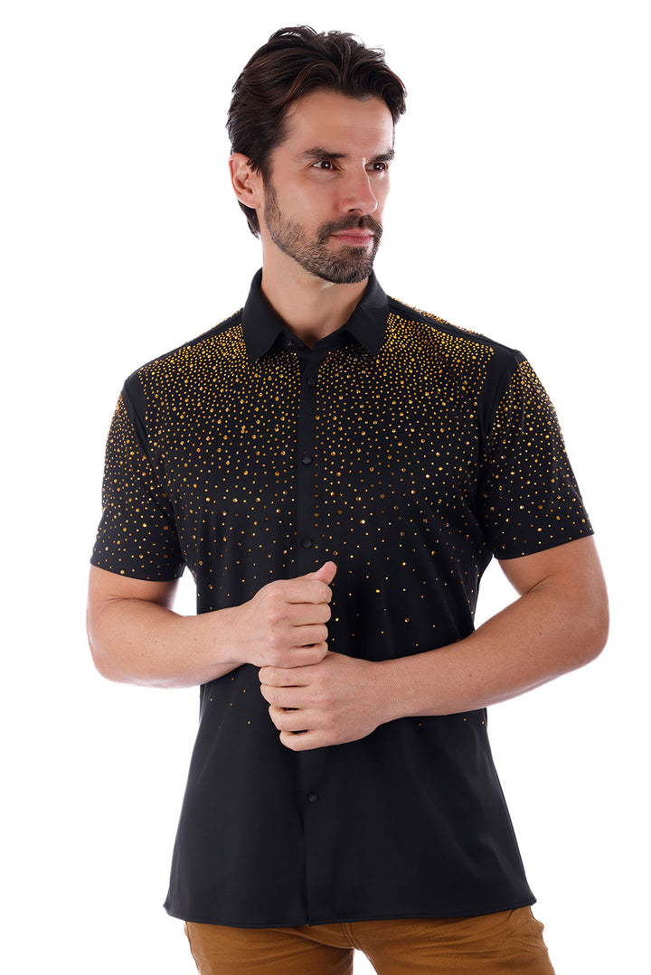 BARABAS Men's Rhinestones Button Down Short Sleeve Shirts 4SST06 Black Gold