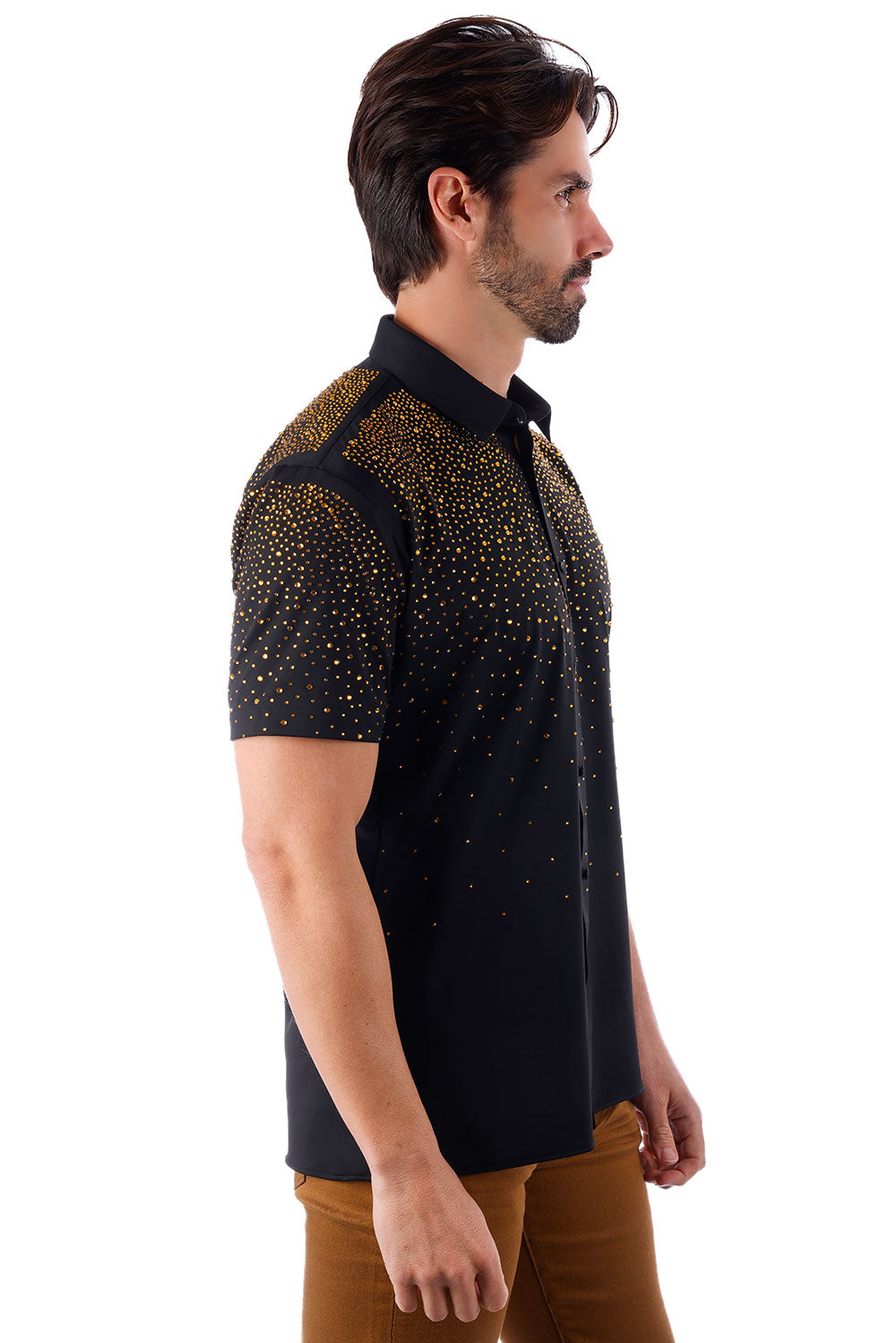 BARABAS Men's Rhinestones Button Down Short Sleeve Shirts 4SST06 Black Gold