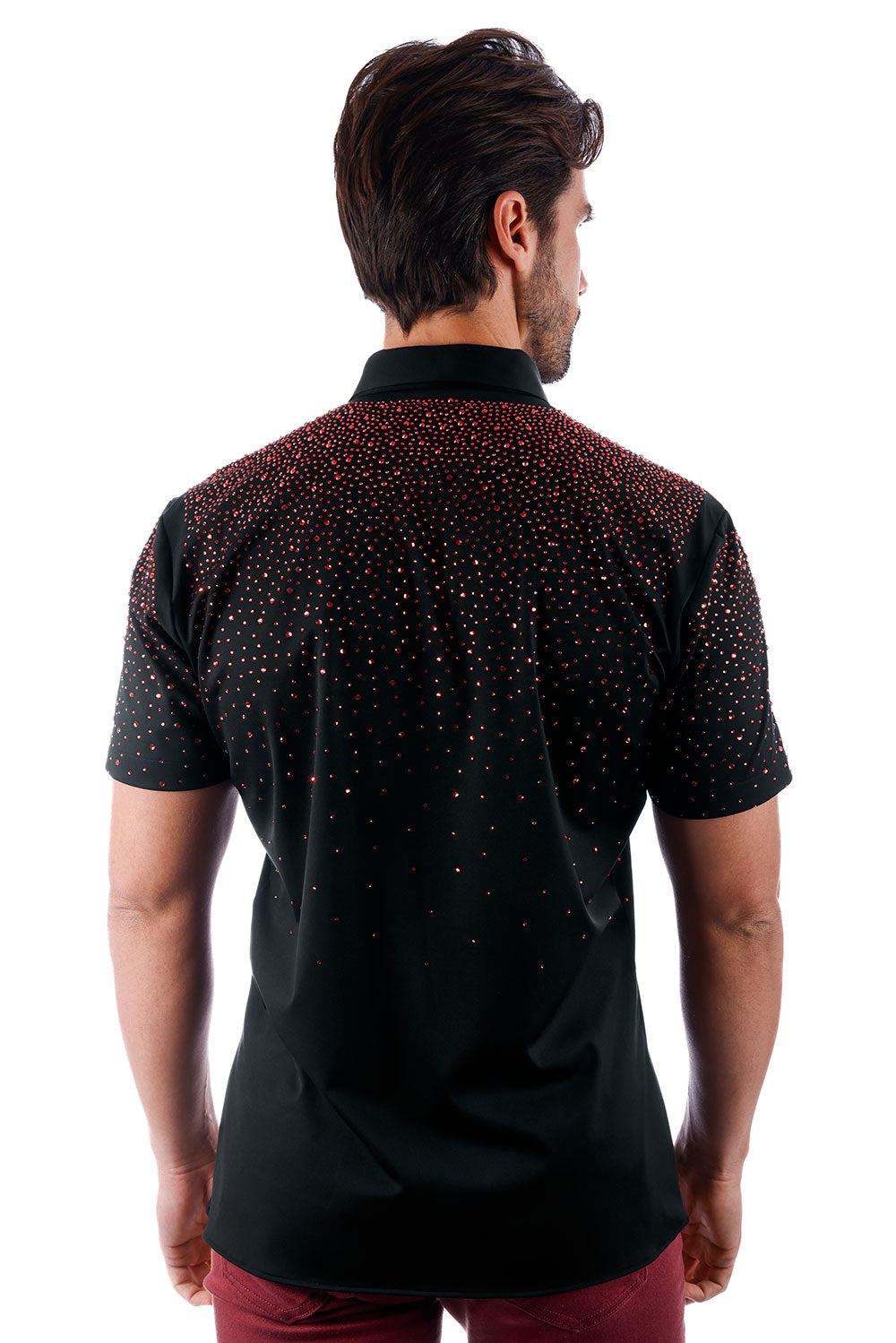 BARABAS Men's Rhinestones Button Down Short Sleeve Shirts 4SST06 Black Red