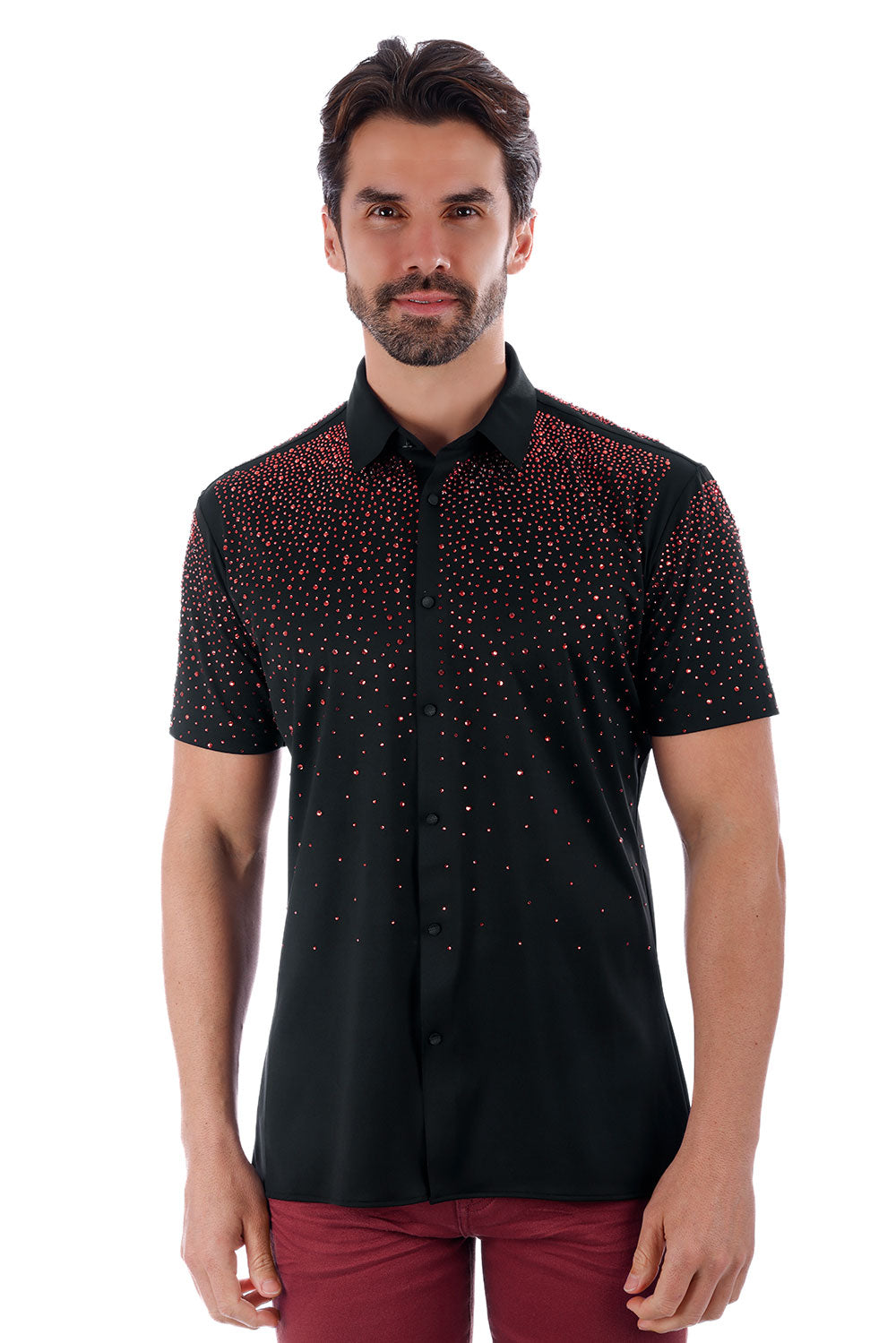 BARABAS Men's Rhinestones Button Down Short Sleeve Shirts 4SST06 Black Red