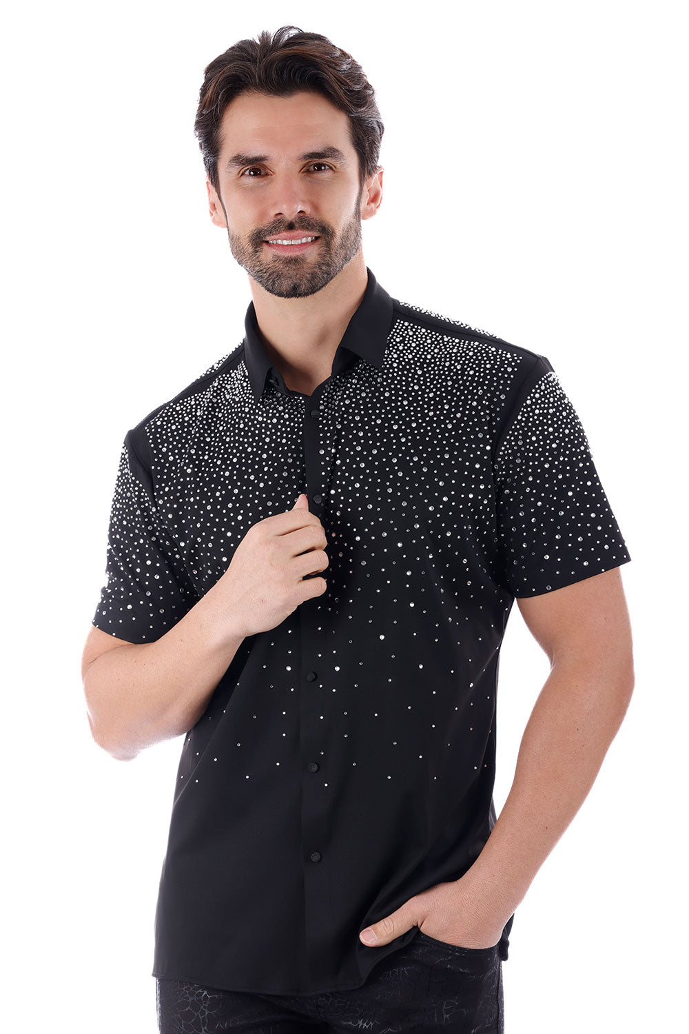 BARABAS Men's Rhinestones Button Down Short Sleeve Shirts 4SST06 Black Silver