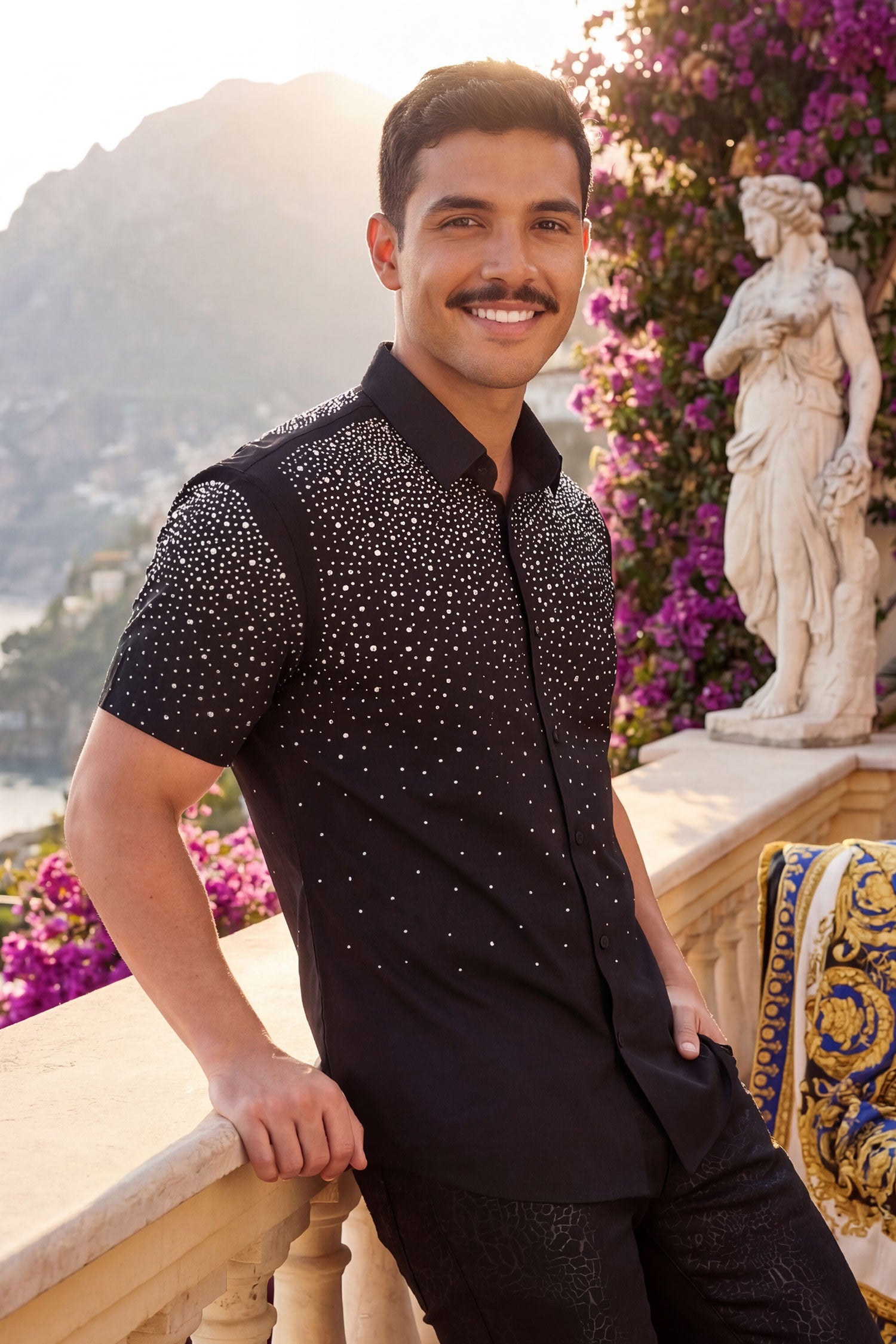 Barabas Men's Rhinestones Button Down Short Sleeve Shirts 4SST06 Black Silver