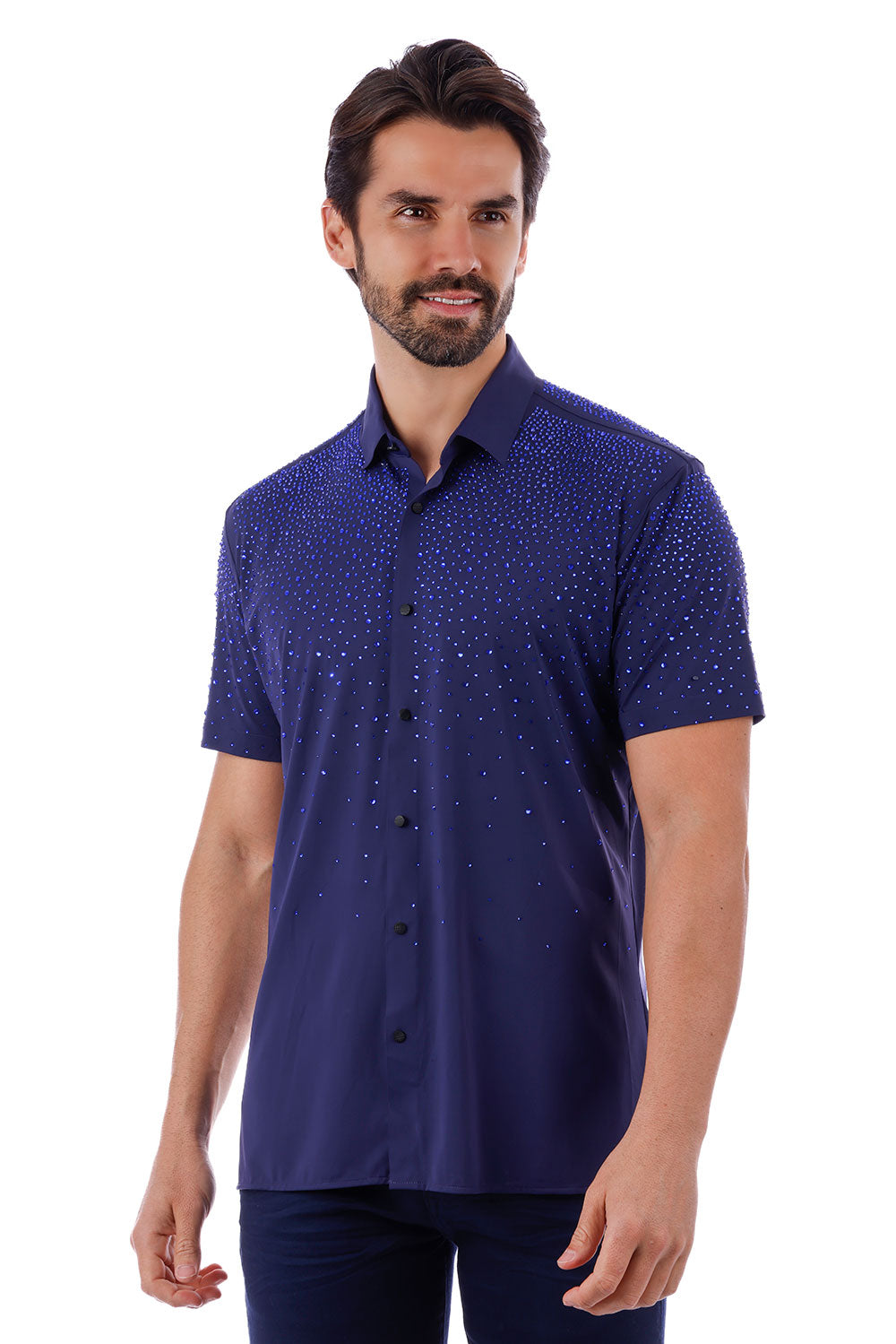 BARABAS Men's Rhinestones Button Down Short Sleeve Shirts 4SST06 Navy Blue