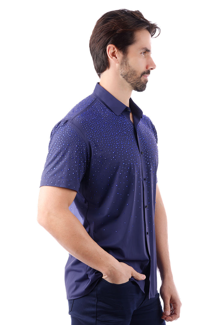 BARABAS Men's Rhinestones Button Down Short Sleeve Shirts 4SST06 Navy Blue