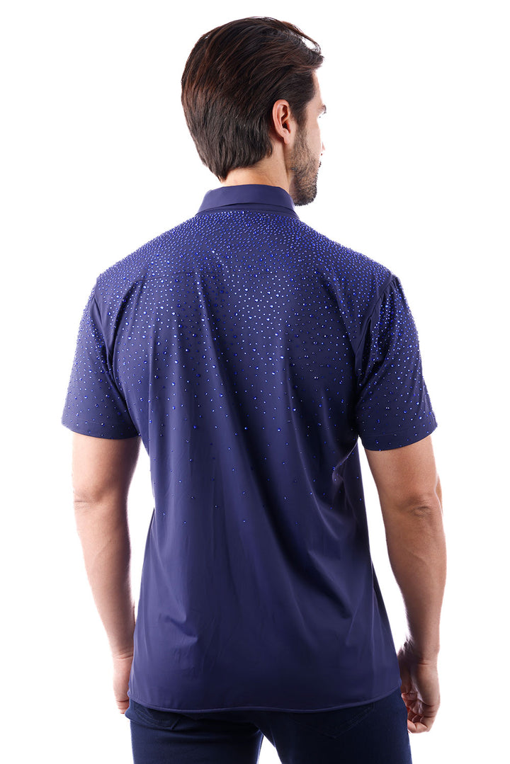 BARABAS Men's Rhinestones Button Down Short Sleeve Shirts 4SST06 Navy Blue